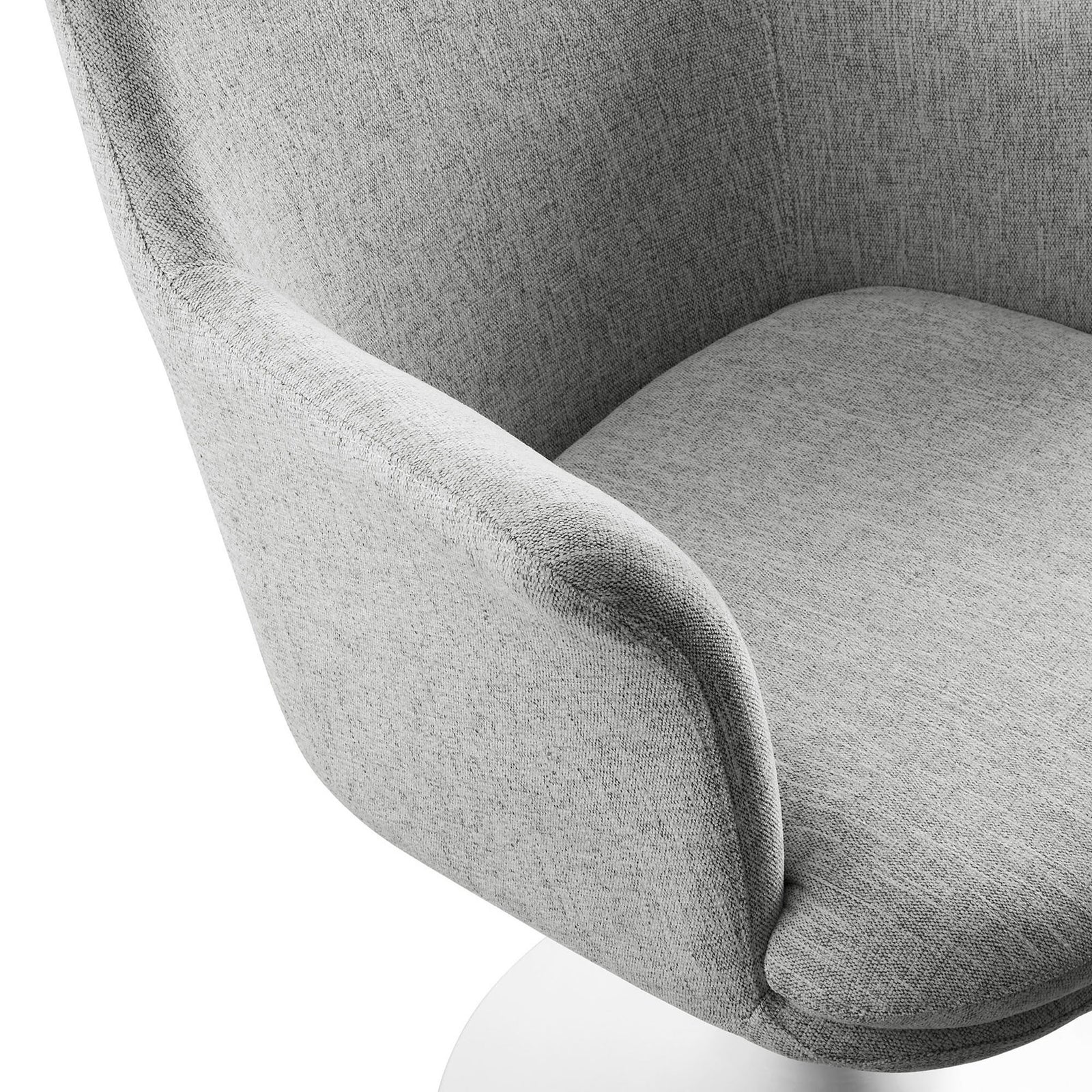 Textured gray upholstery and curved arm detail shown over the generously cushioned seat of the swivel chair. || EEI-6956-WHI-HLG || detail_studio