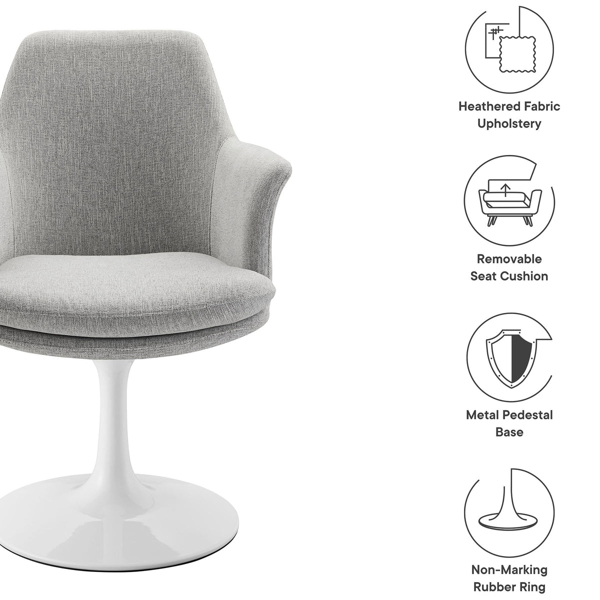 Gray swivel dining armchair with icons calling out heathered upholstery, removable cushion, and pedestal base. || EEI-6956-WHI-HLG || callout_studio