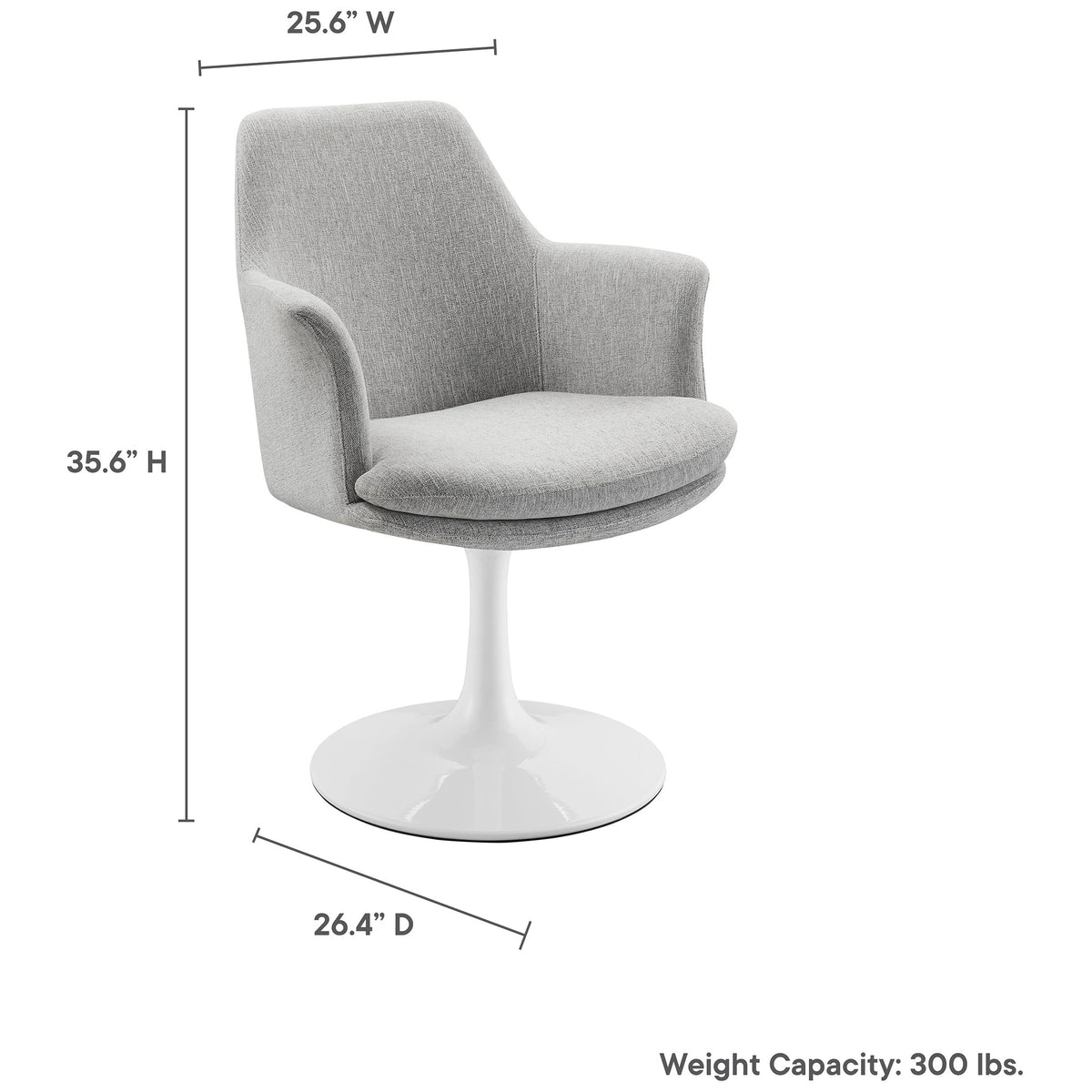 Gray upholstered swivel dining armchair with pedestal base and overlay text showing key product dimensions. || EEI-6956-WHI-HLG || dimension_studio