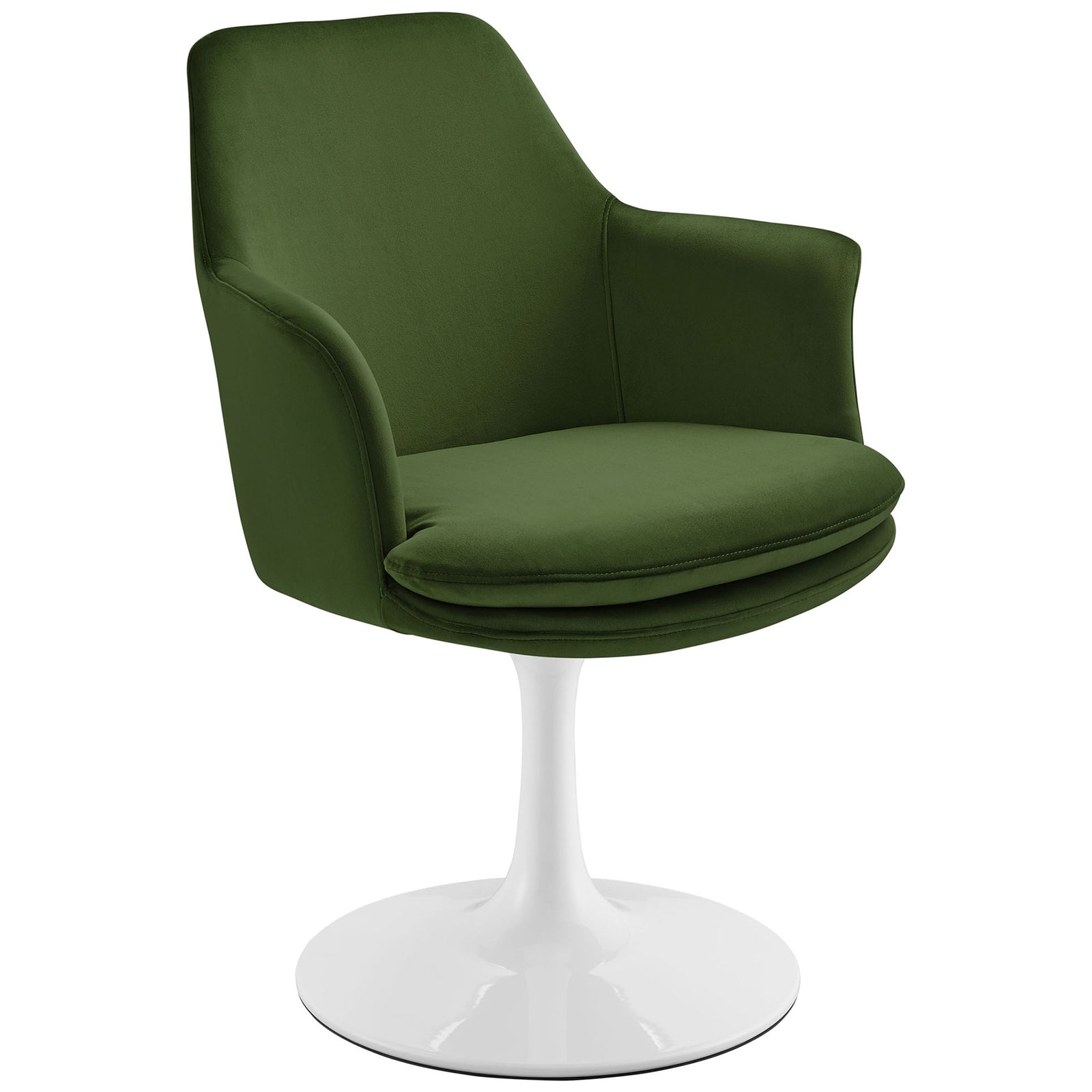 Green velvet swivel armchair with gently curved arms and smooth white pedestal base || EEI-6957-WHI-MOG || front_angle_studio