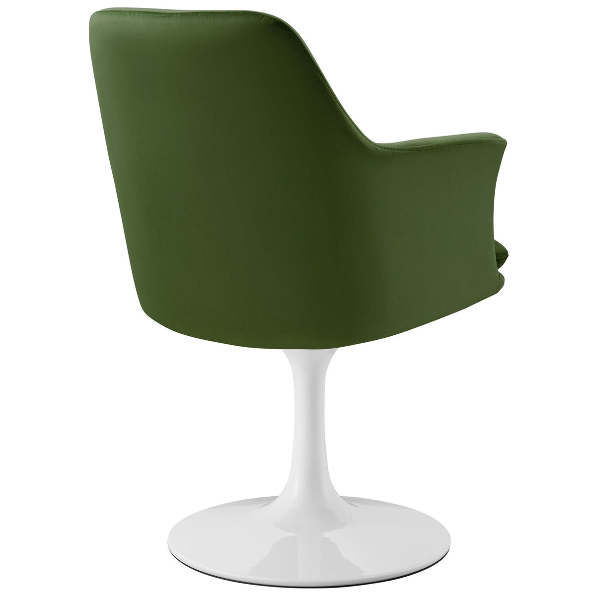 Green velvet swivel armchair featuring the smooth contoured back and sturdy pedestal base || EEI-6957-WHI-MOG || back_studio