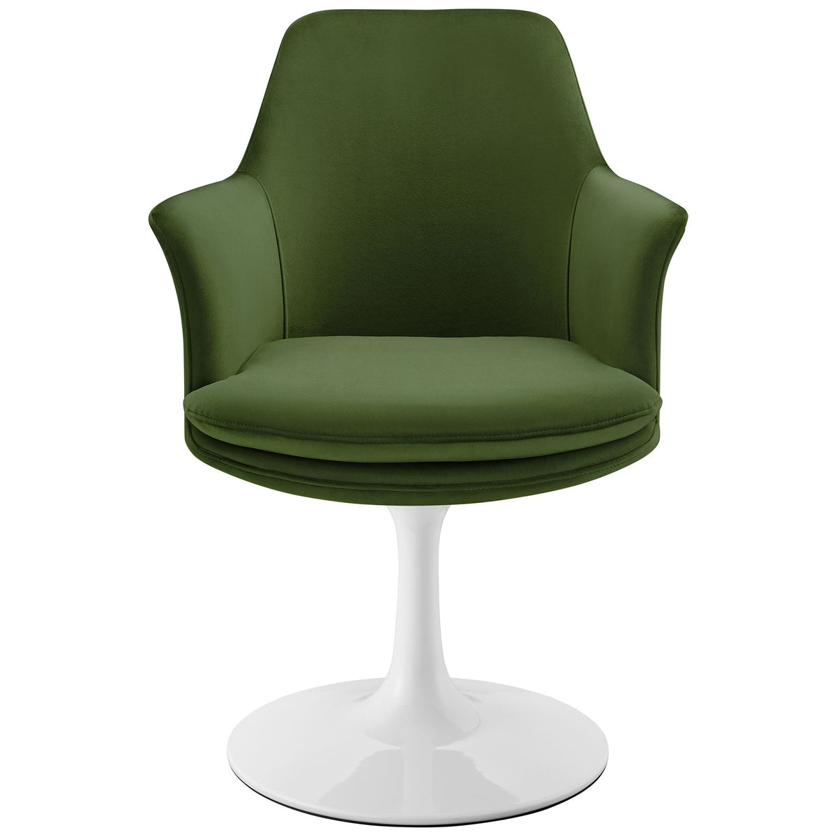 Green velvet swivel dining armchair with supportive backrest and cushioned seat on white pedestal base || EEI-6957-WHI-MOG || front_studio
