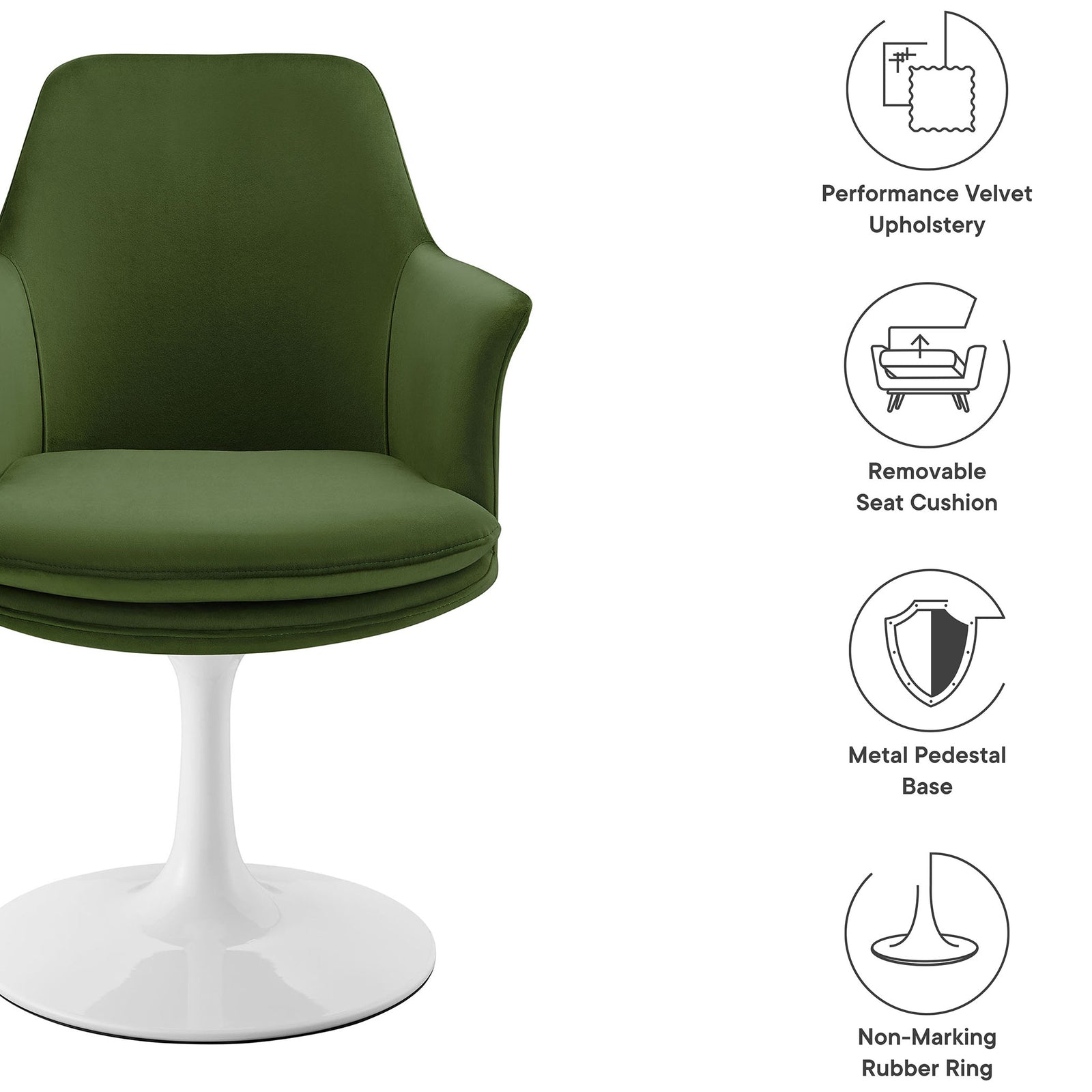 Green velvet swivel armchair with features icons for cushion, pedestal base, and floor protection || EEI-6957-WHI-MOG || callout_studio