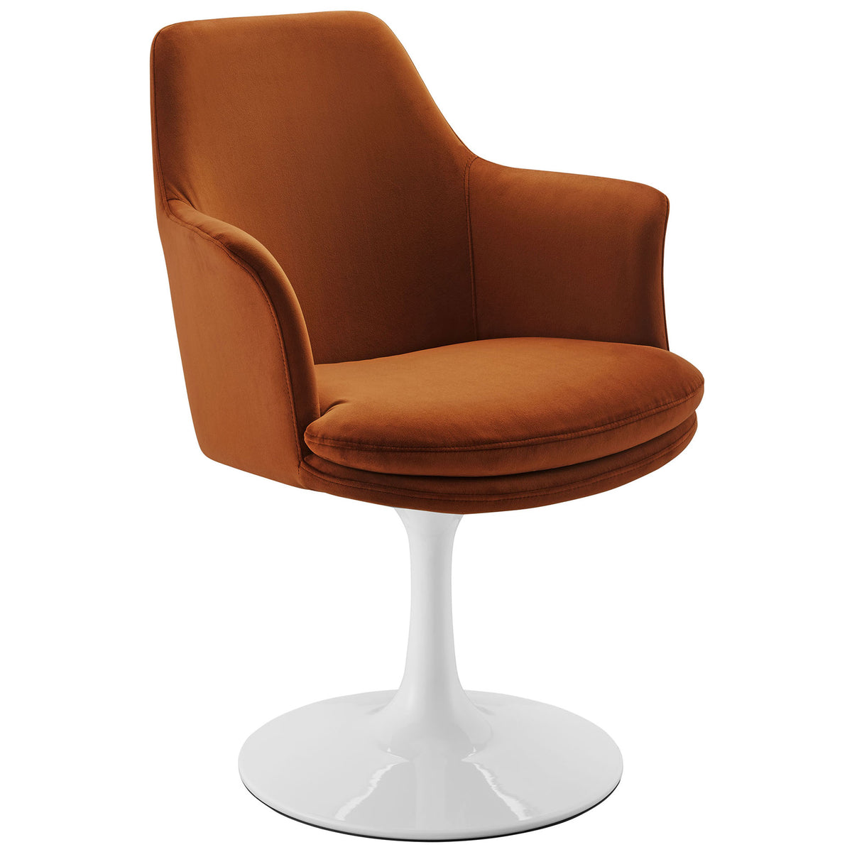Curved arms and plush rust velvet seat offer inviting comfort on a sleek white pedestal swivel base || EEI-6957-WHI-RUS || front_angle_studio