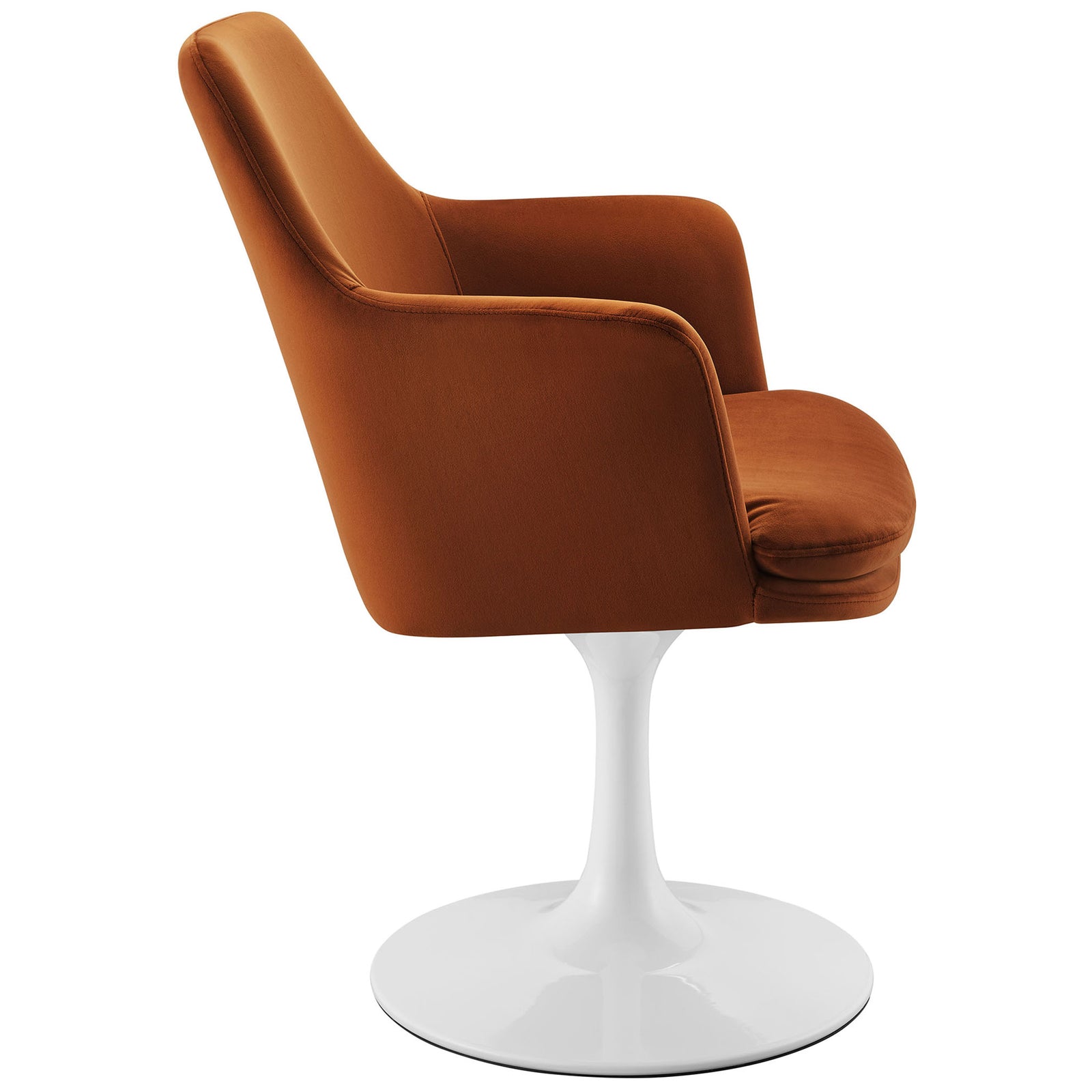 Tall backrest and tailored rust velvet upholstery over the white pedestal base create a sleek silhouette || EEI-6957-WHI-RUS || side_studio