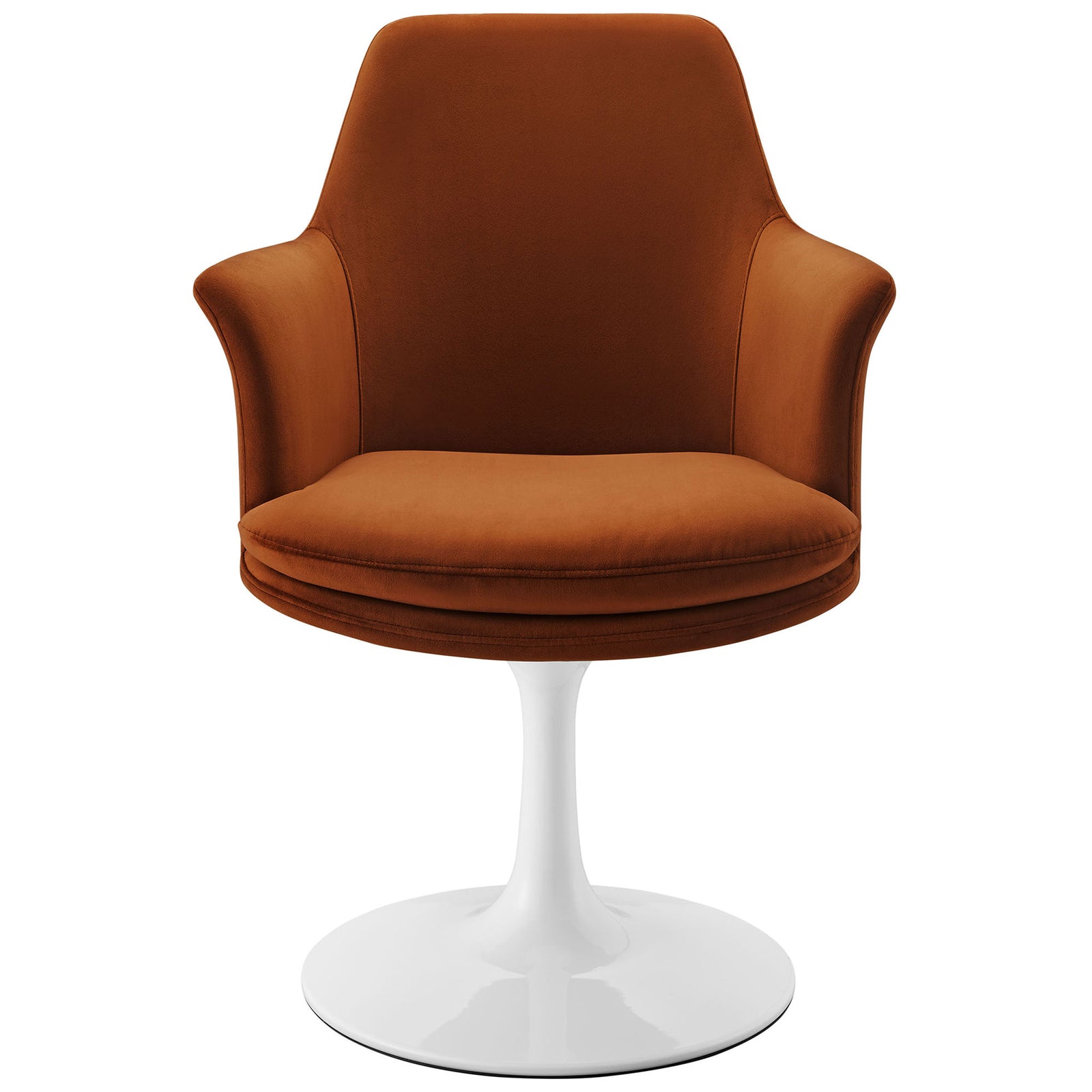 Rust velvet swivel dining armchair with white pedestal base brings soft modern style || EEI-6957-WHI-RUS || front_studio