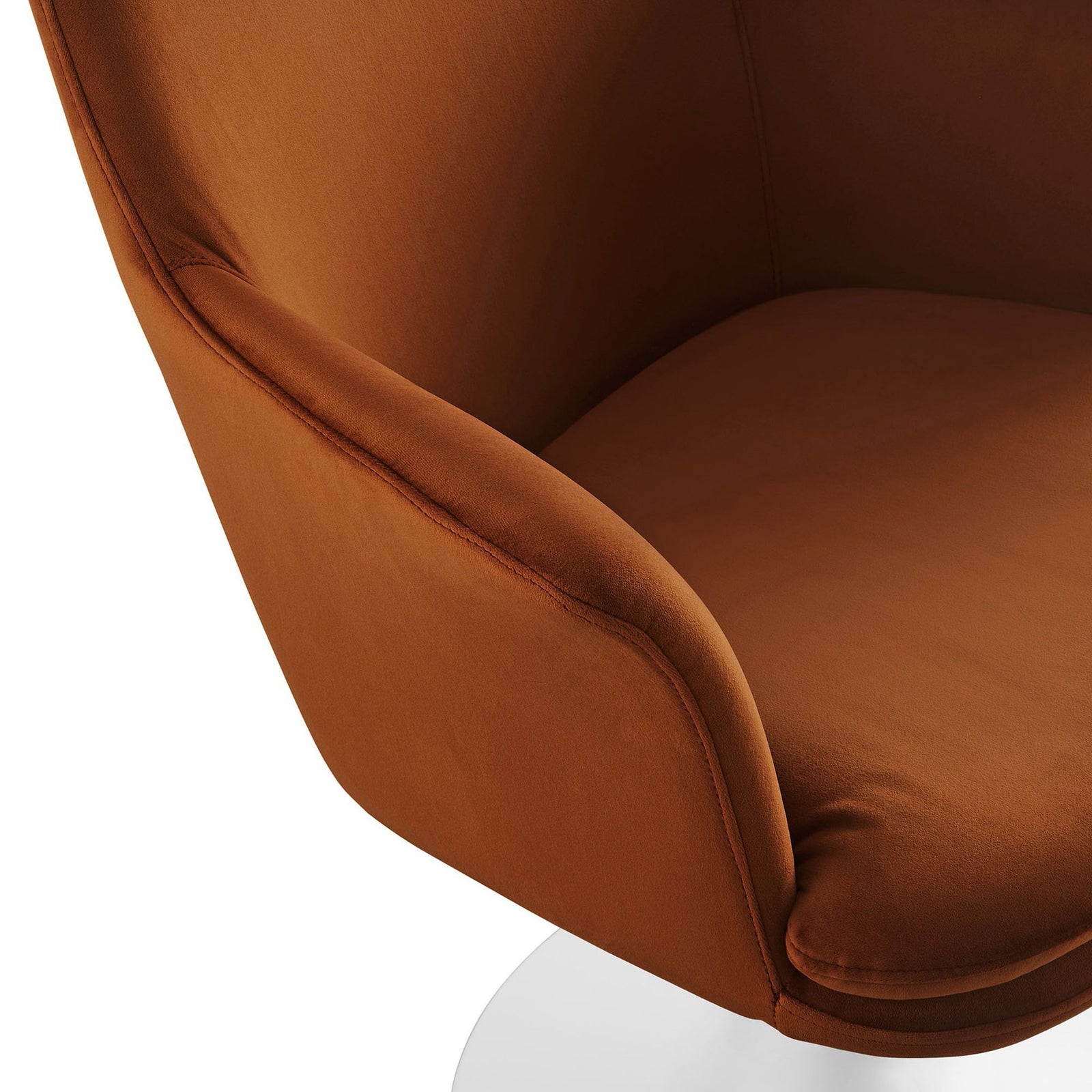 Padded seat and gently flared armrest show the soft texture of the rust velvet fabric || EEI-6957-WHI-RUS || detail_studio