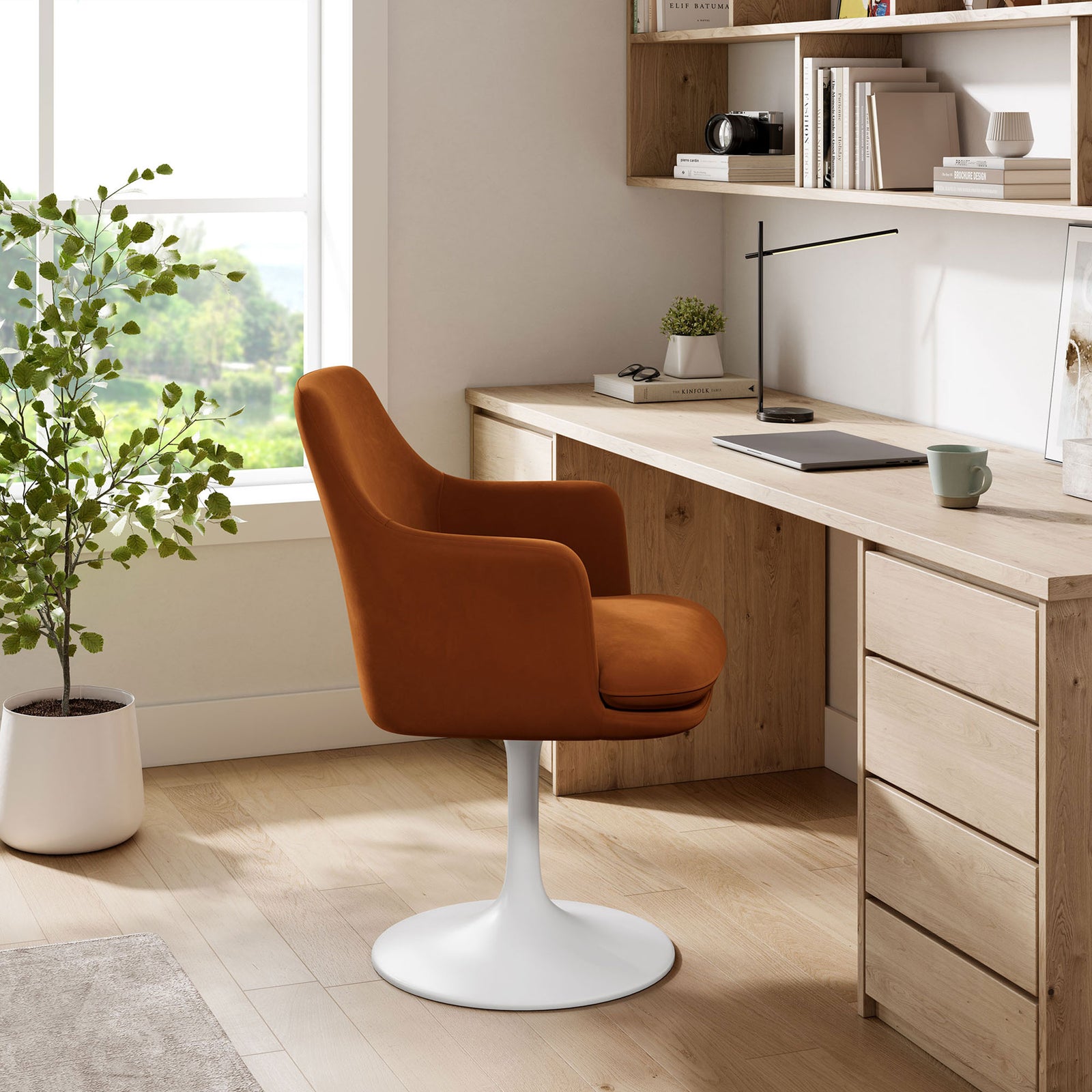 Versatile swivel armchair brings mid century style and comfort to a clean home office workspace || EEI-6957-WHI-RUS || back_angle_room