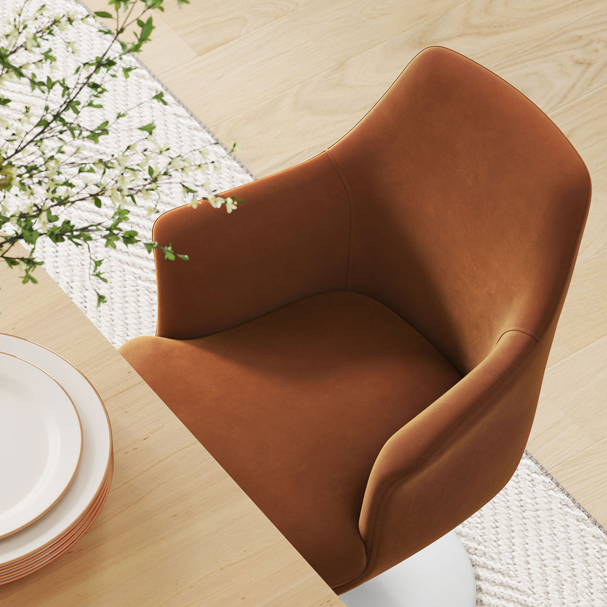Curved back and seat in rust velvet pair with a crisp white pedestal base for modern dining comfort || EEI-6957-WHI-RUS || detail_room