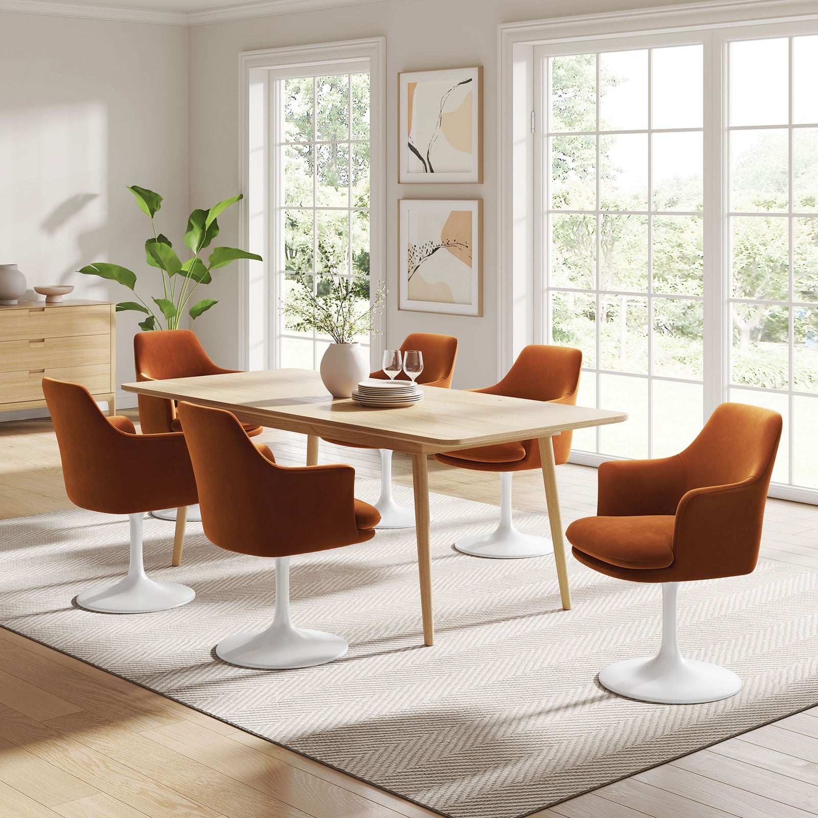 Lippa rust velvet swivel armchairs gather around a light wood table in a bright modern dining room || EEI-6957-WHI-RUS || front_angle_room