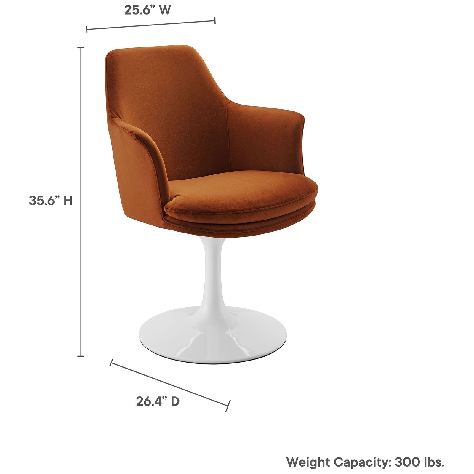 Dimensions of the Lippa rust velvet swivel armchair with 300 pound weight capacity || EEI-6957-WHI-RUS || dimension_studio