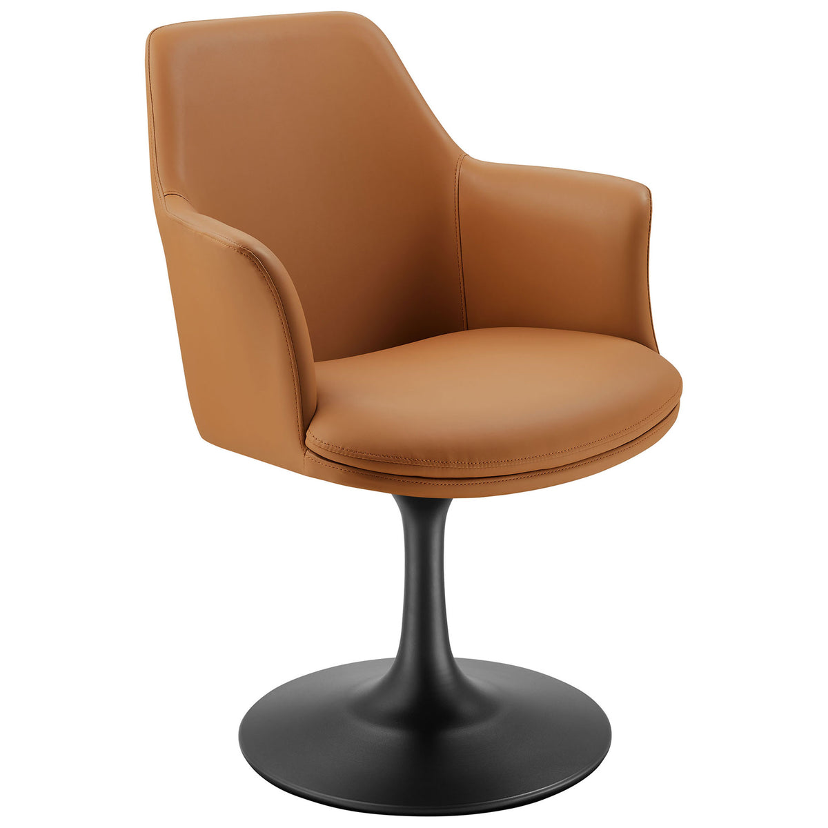 Tan vegan leather swivel armchair with curved arms and black pedestal base for modern dining or office seating || EEI-6958-BLK-TAN || front_angle_studio