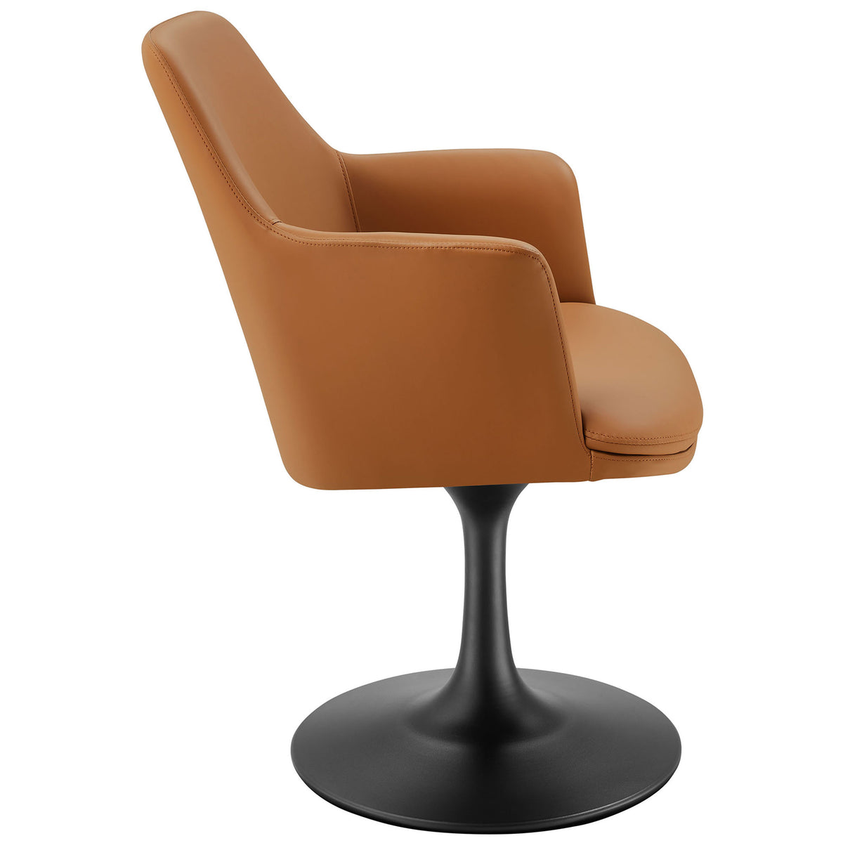 Tan vegan leather armchair with gently reclined backrest and sleek black pedestal base for elegant support || EEI-6958-BLK-TAN || side_studio