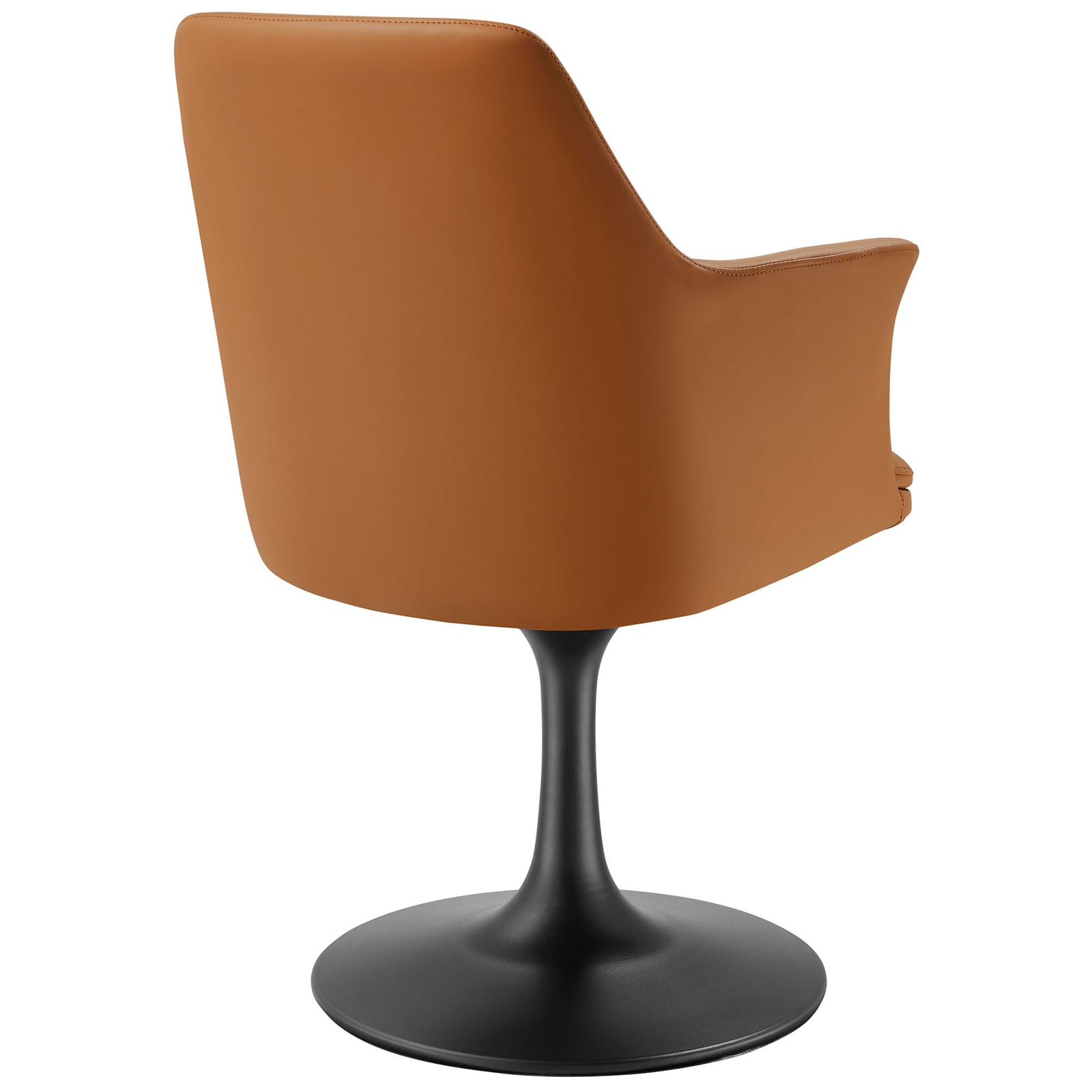 Tan vegan leather armchair with smooth back upholstery and sturdy round black pedestal base || EEI-6958-BLK-TAN || back_angle_studio