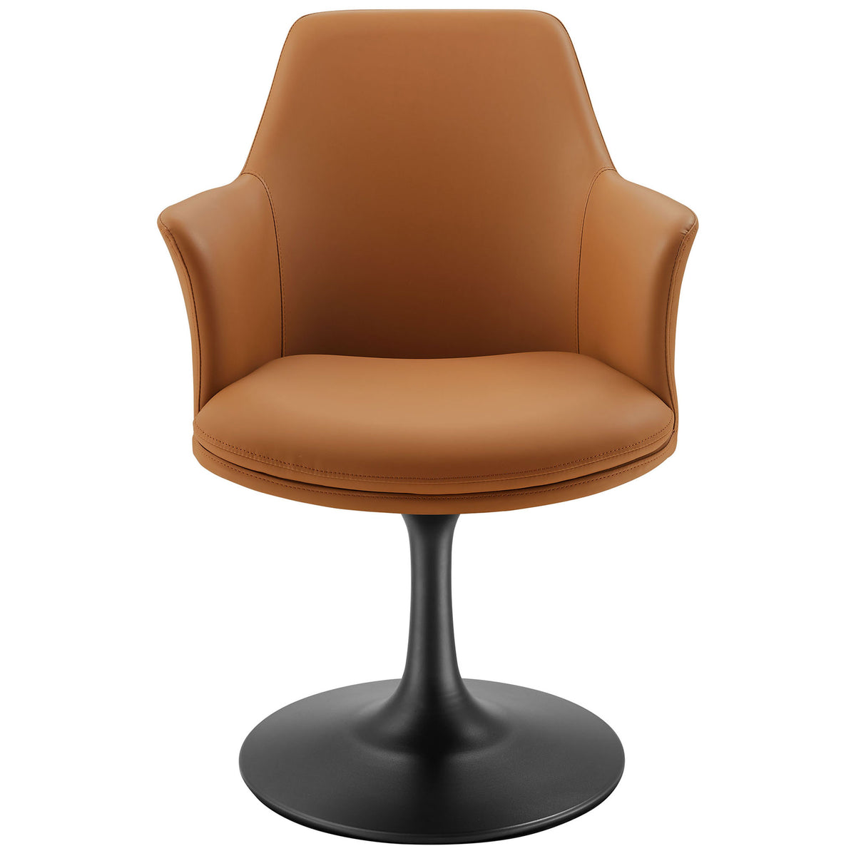 Comfortable tan vegan leather armchair with integrated arms and plush seat on a modern black pedestal base || EEI-6958-BLK-TAN || front_studio