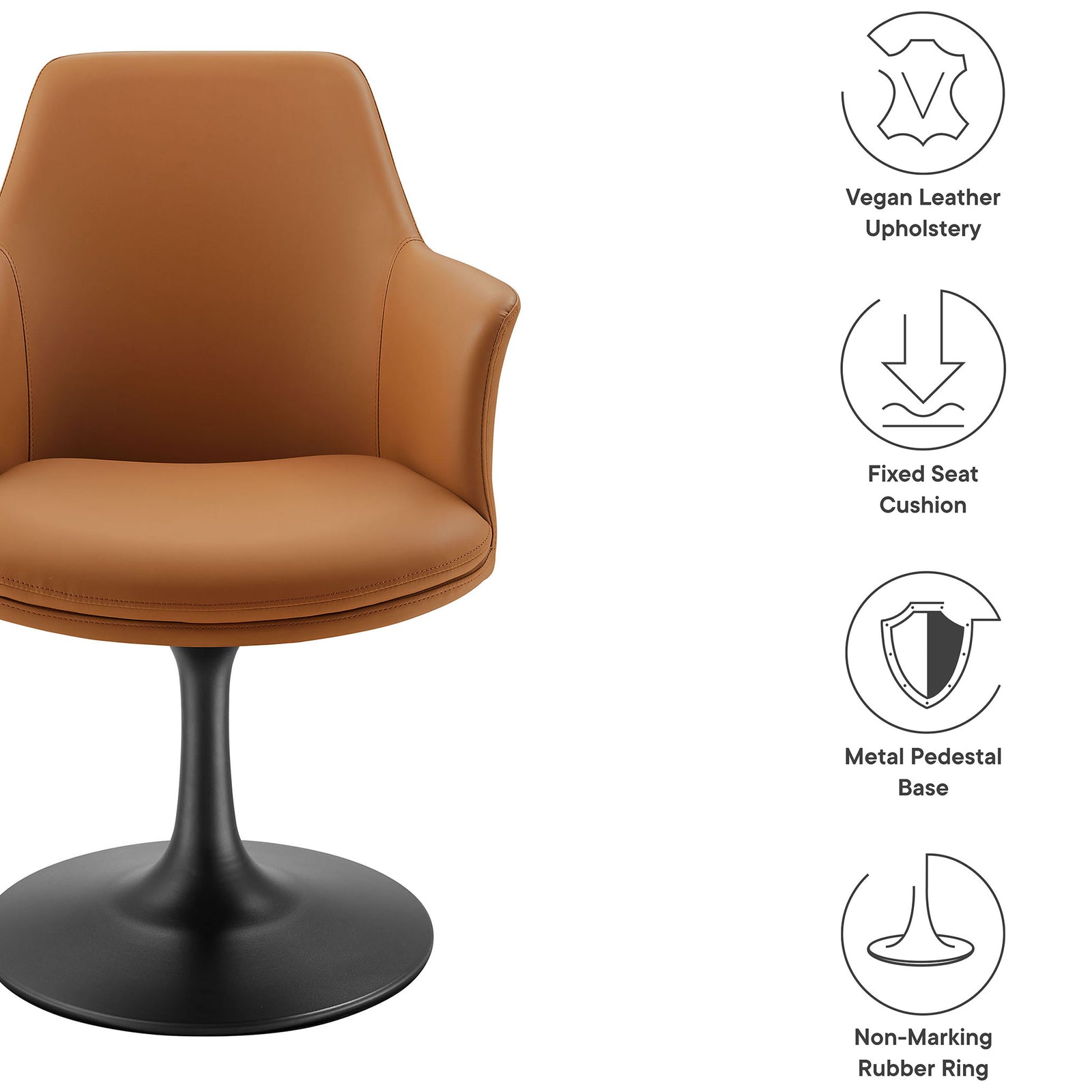 Tan vegan leather pedestal armchair with icons for upholstery, fixed seat cushion, metal base, and floor ring || EEI-6958-BLK-TAN || callout_studio