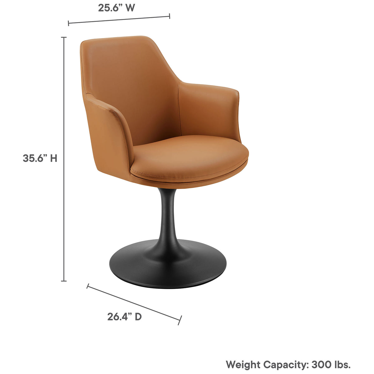Tan vegan leather pedestal armchair with labeled dimensions and 300 pound weight capacity for versatile dining use || EEI-6958-BLK-TAN || dimension_studio