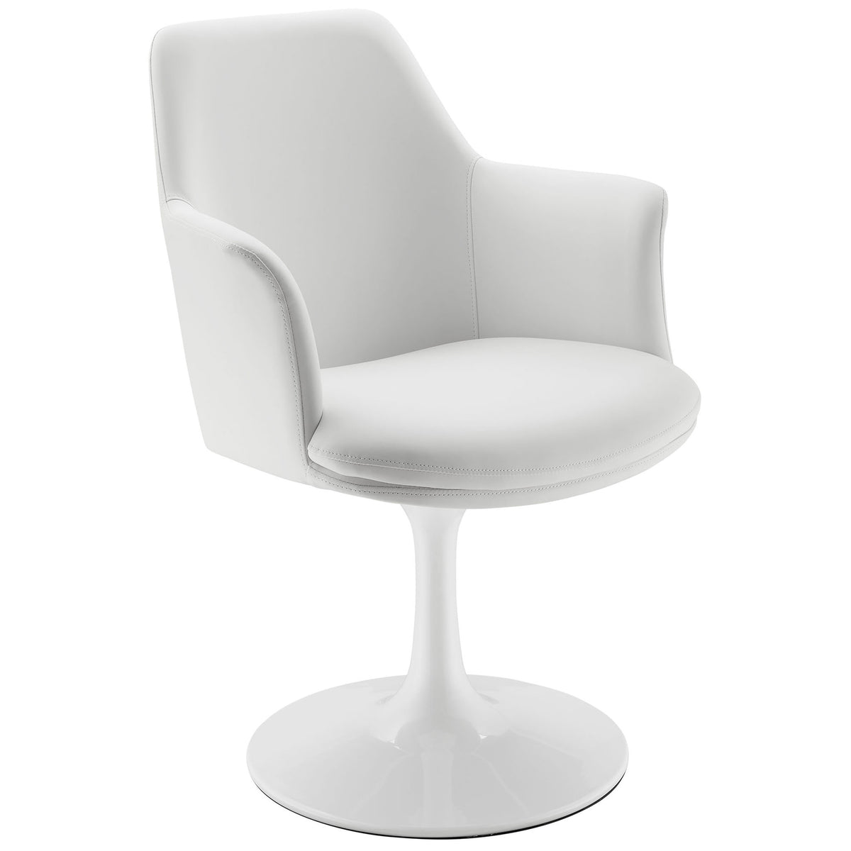 White vegan leather swivel armchair with sculpted arms and tulip pedestal base || EEI-6958-WHI-WHI || front_angle_studio
