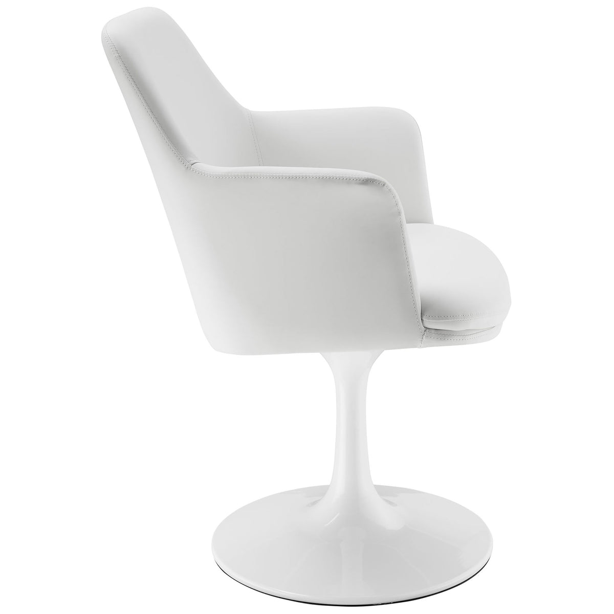 Side profile of white vegan leather swivel armchair with gently reclined back and plush seat cushion || EEI-6958-WHI-WHI || side_studio