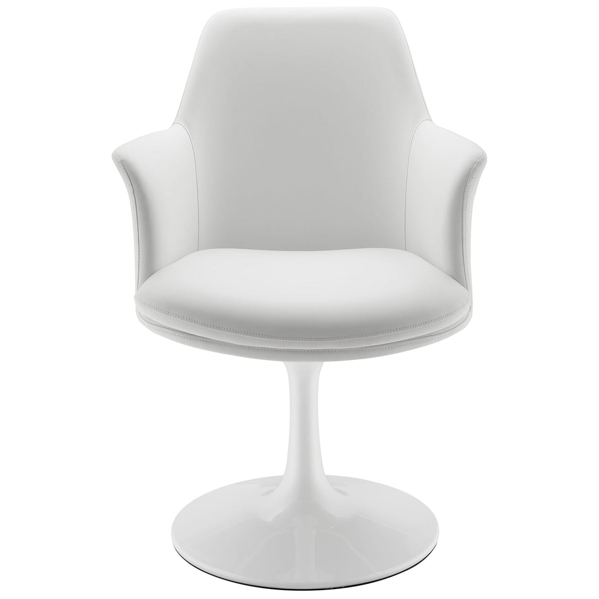 White vegan leather swivel dining armchair with wraparound arms and generously padded seat || EEI-6958-WHI-WHI || front_studio