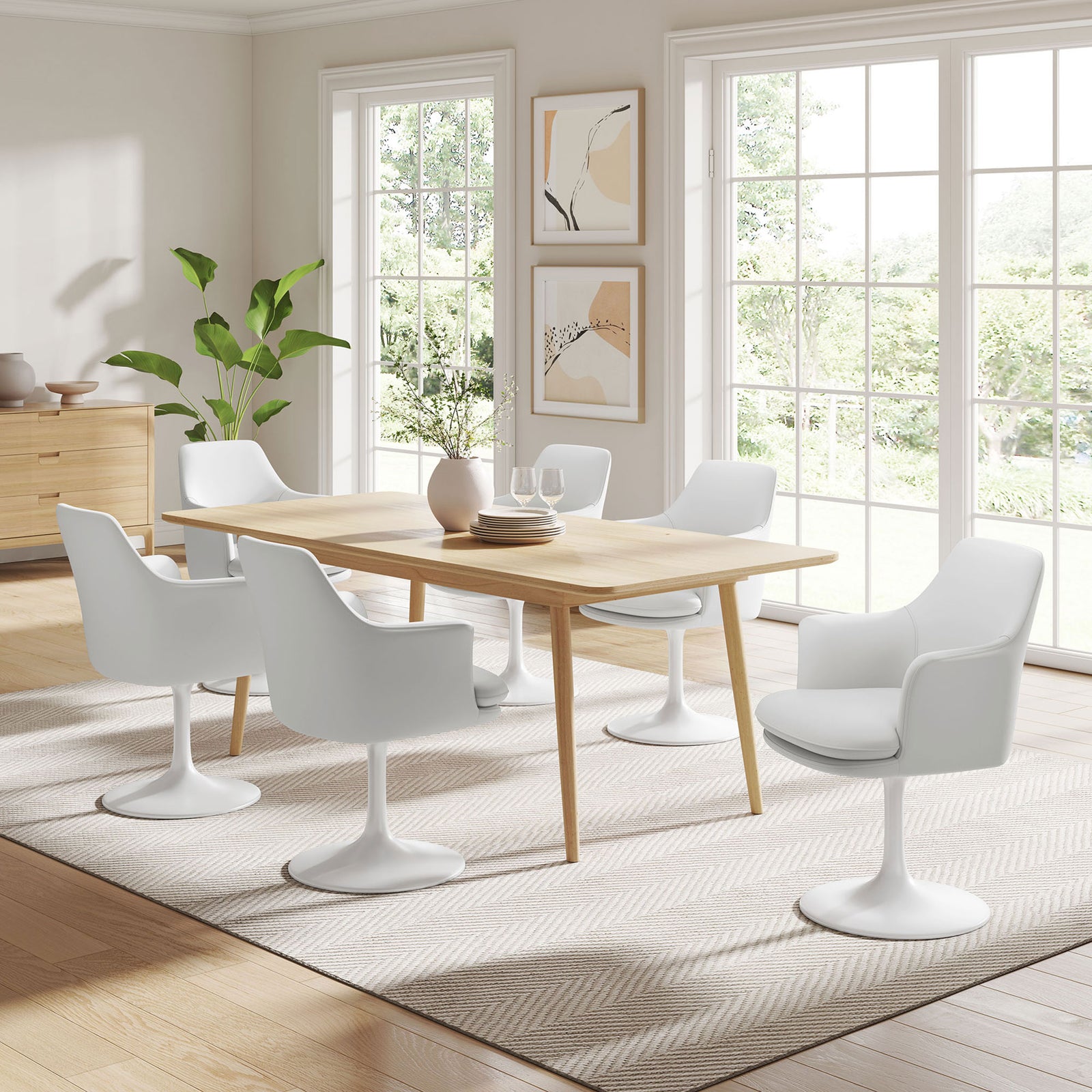 Set of white swivel armchairs surrounding a light wood dining table in an airy dining room || EEI-6958-WHI-WHI || front_angle_room