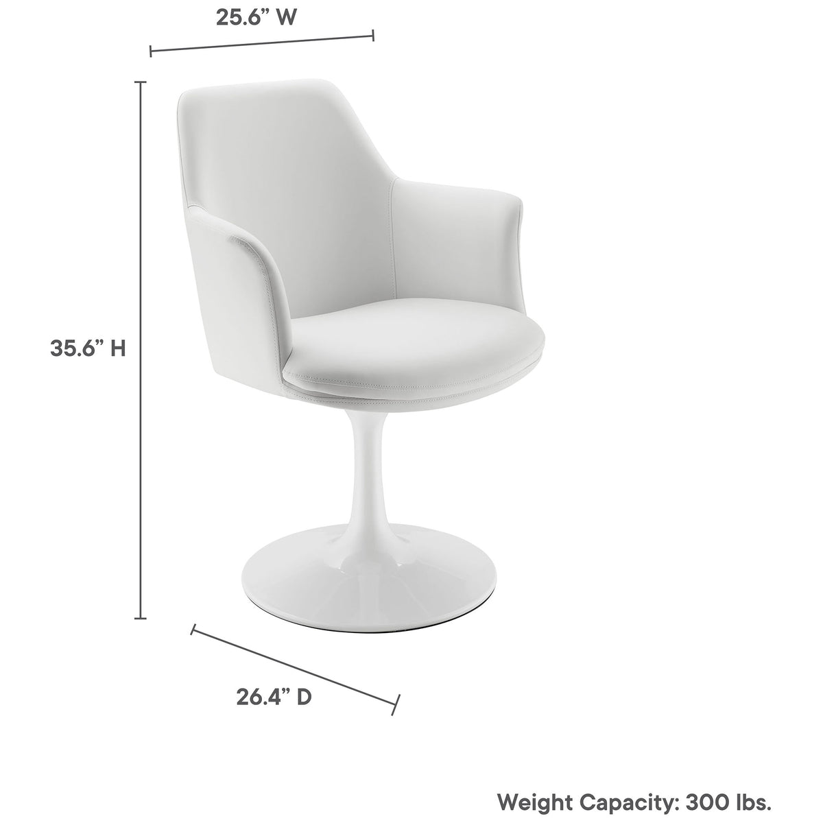 Size diagram of white vegan leather swivel armchair with overall dimensions and 300 pound weight capacity || EEI-6958-WHI-WHI || dimension_studio