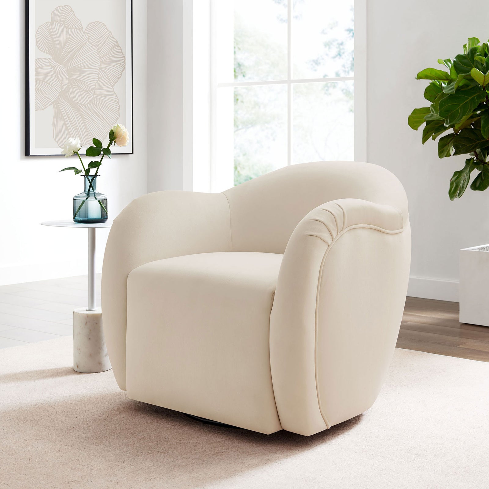Modern swivel armchair in alabaster velvet brings soft curves and cozy comfort to the living space. || EEI-6959-ALA || front_angle_room