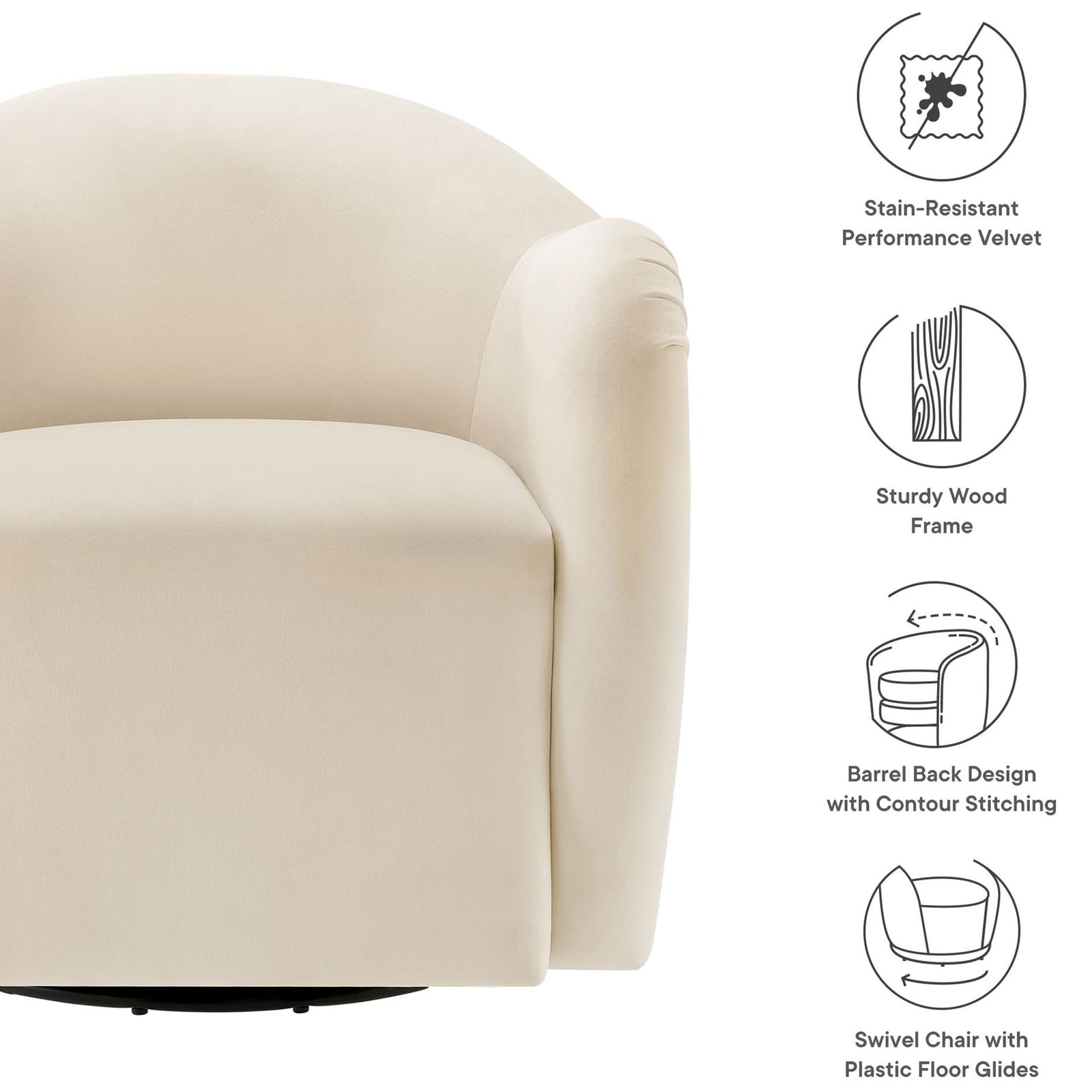 Stain-resistant velvet with wood frame, barrel back stitching, and smooth 360-degree swivel support. || EEI-6959-ALA || callout_studio