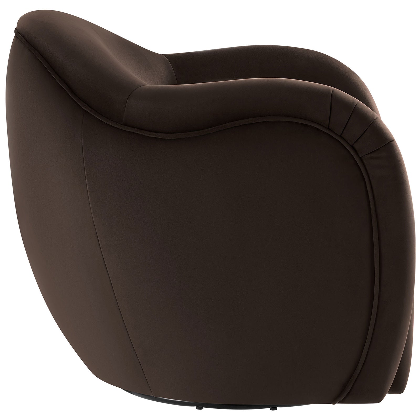 Seam-tailored barrel back showcases smooth curves and stain-resistant performance velvet upholstery. || EEI-6959-CHB || back_angle_studio