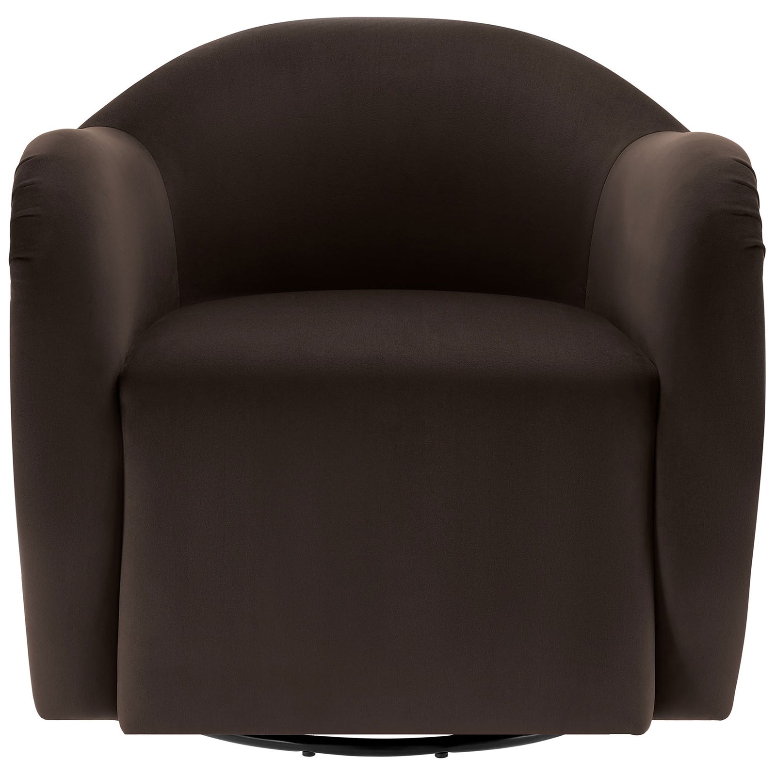 Curved barrel-back swivel armchair in chocolate performance velvet with plush seat and smooth contours. || EEI-6959-CHB || front_studio
