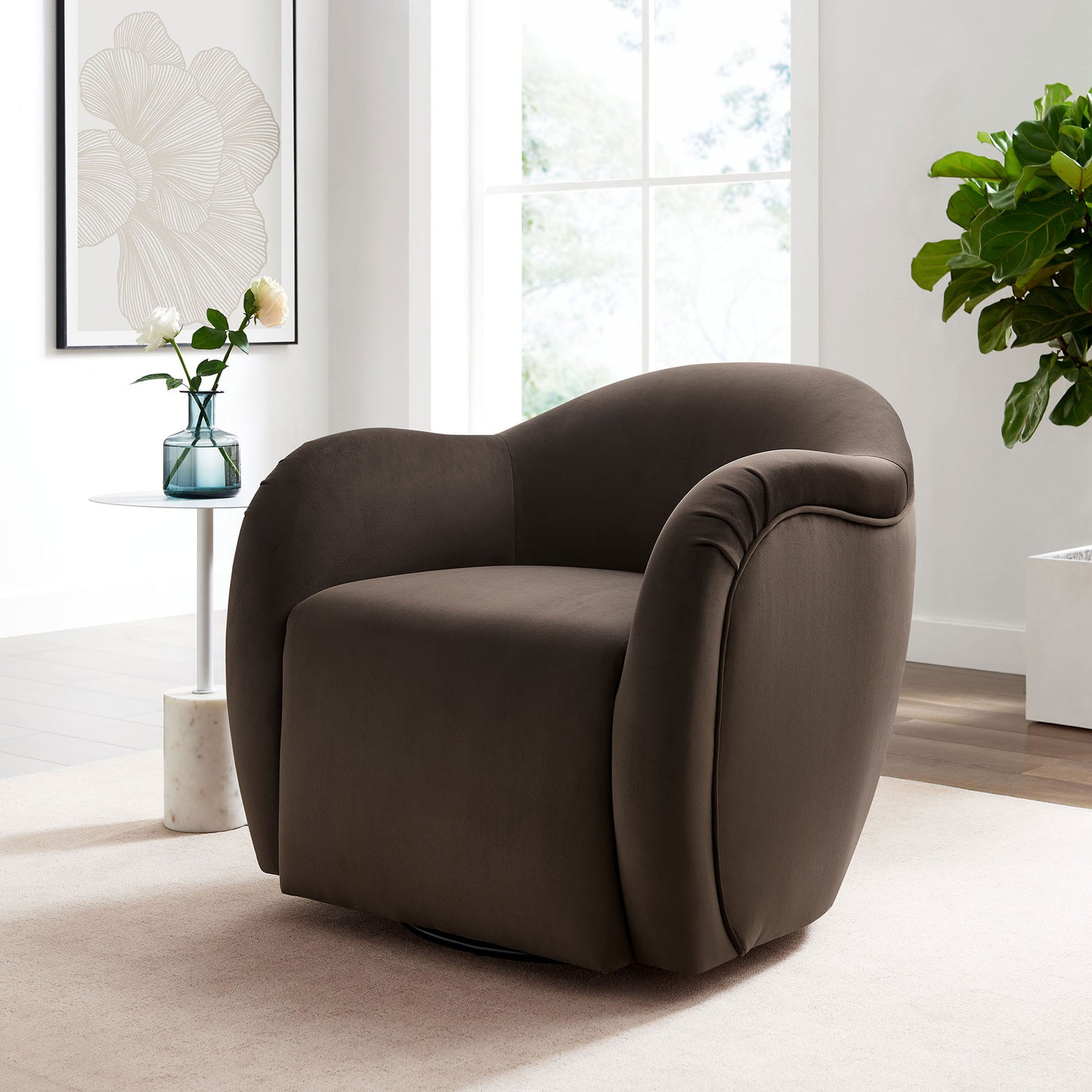 Inviting velvet swivel armchair adds modern warmth with its rounded, enveloping form. || EEI-6959-CHB || front_angle_room
