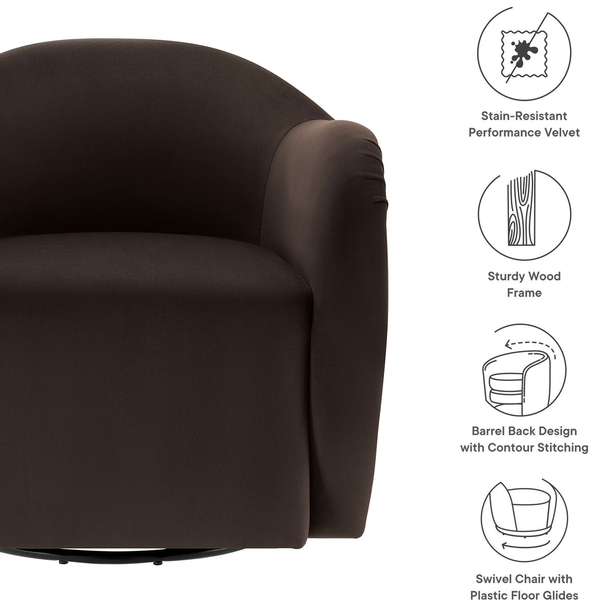 Barrel-back swivel chair in performance velvet with wood frame and contour stitching for lasting comfort. || EEI-6959-CHB || callout_studio