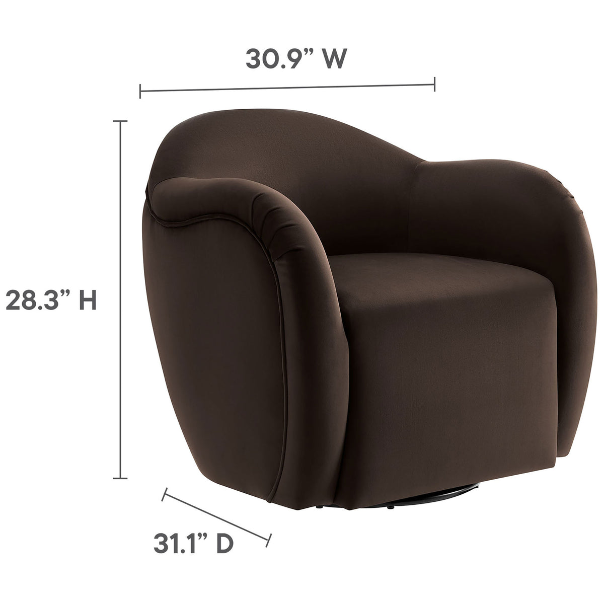 Compact barrel swivel chair in performance velvet, 30.9 in W x 31.1 in D x 28.3 in H. || EEI-6959-CHB || dimension_studio