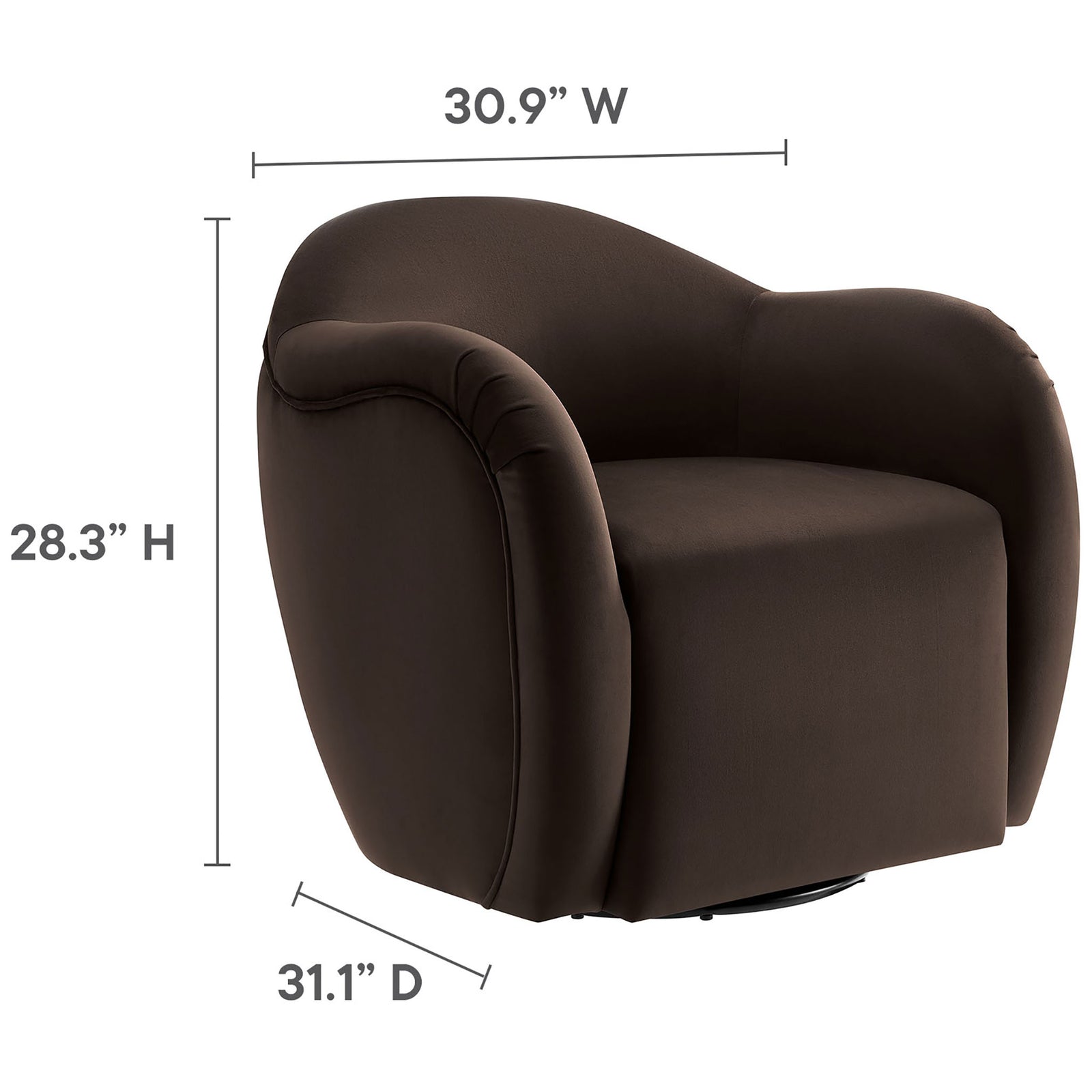 Compact barrel swivel chair in performance velvet, 30.9 in W x 31.1 in D x 28.3 in H. || EEI-6959-CHB || dimension_studio