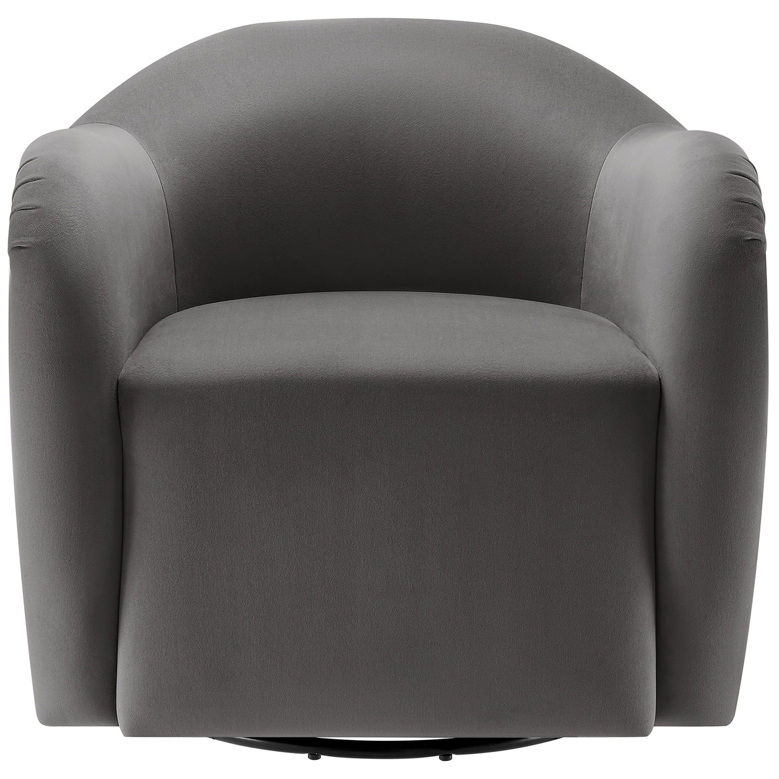 Barrel-back swivel armchair in storm gray velvet with rounded arms and a generously cushioned seat || EEI-6959-STG || front_studio