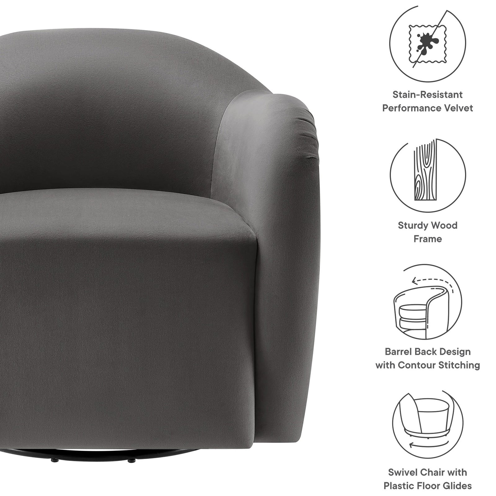 Performance velvet, barrel-back design, and a smooth swivel base for everyday comfort || EEI-6959-STG || callout_studio