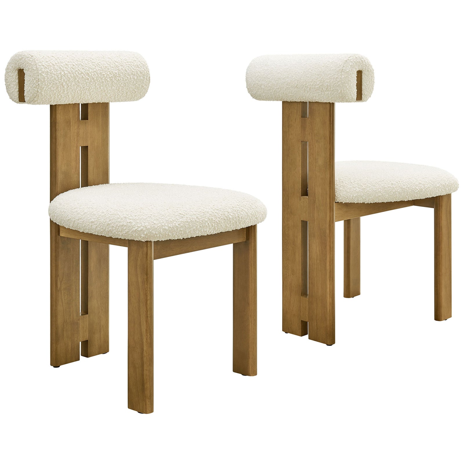 Pair of ivory boucle dining chairs with warm wood frames and sculptural three-leg silhouettes || EEI-6960-FRO-IVO || front_angle_multi_studio