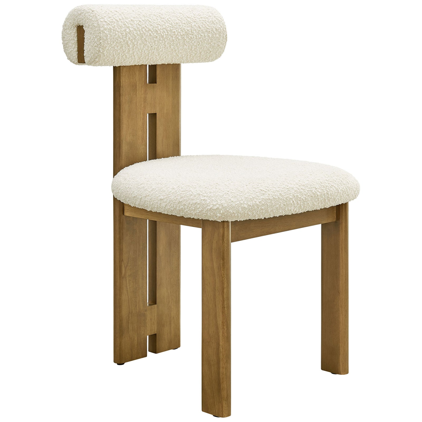 Modern boucle dining chair featuring a curved padded seat and a bold cutout wood back || EEI-6960-FRO-IVO || front_angle_studio