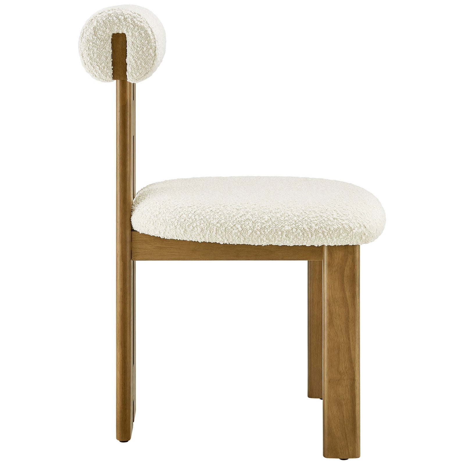 Torian dining chair highlighting the plush boucle seat and distinctive three-leg wood base || EEI-6960-FRO-IVO || side_studio