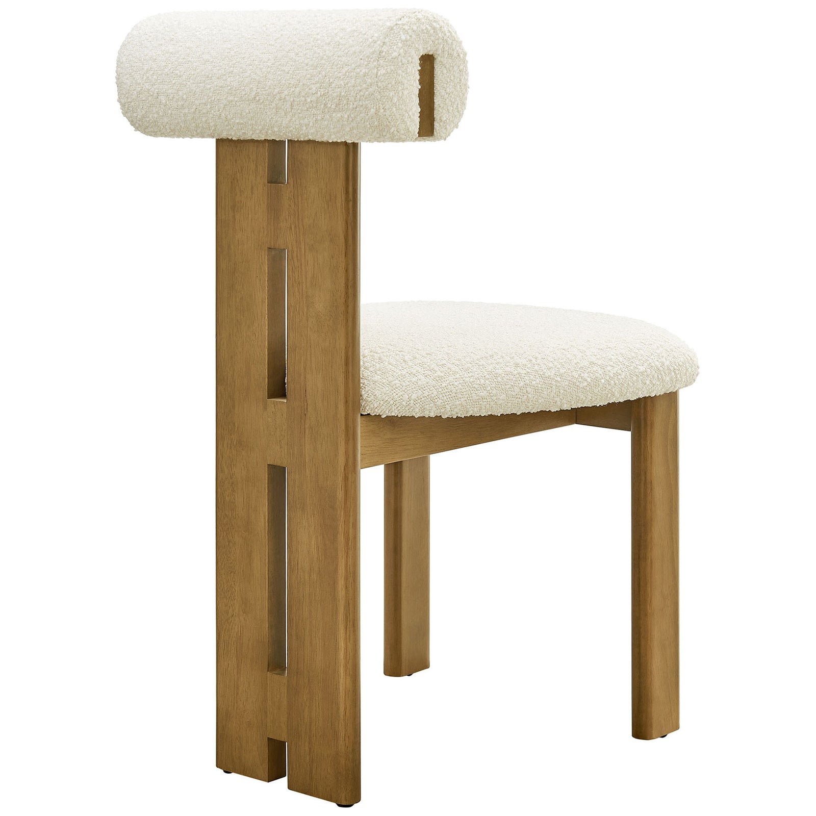 Triple-panel wood back leg with ivory boucle cushioning adds sculptural interest to this chair || EEI-6960-FRO-IVO || back_angle_studio