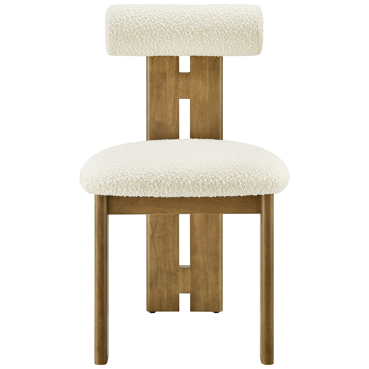 Ivory boucle dining chair with sculptural three-leg wood base and plush rolled pillow backrest || EEI-6960-FRO-IVO || front_studio