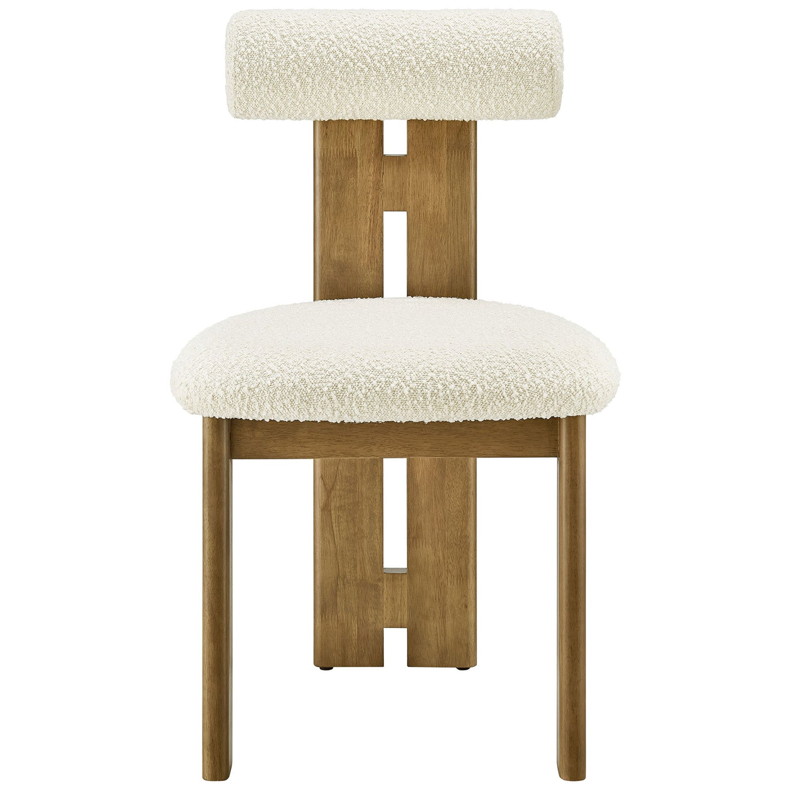 Ivory boucle dining chair with sculptural three-leg wood base and plush rolled pillow backrest || EEI-6960-FRO-IVO || front_studio