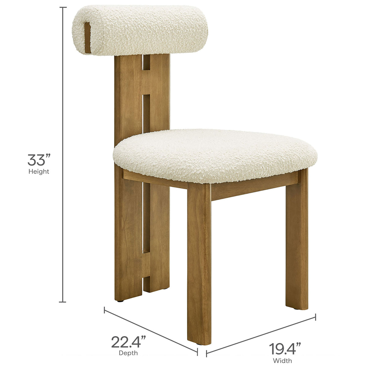 Ivory boucle dining chair with clearly labeled height, width, and depth measurements for easy planning || EEI-6960-FRO-IVO || dimension_studio