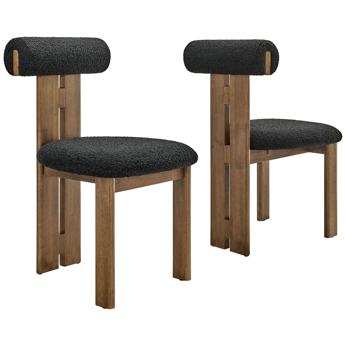 Set of two walnut three leg dining chairs with black boucle seats and cylindrical roll backrests || EEI-6960-WAL-BLK || front_angle_multi_studio