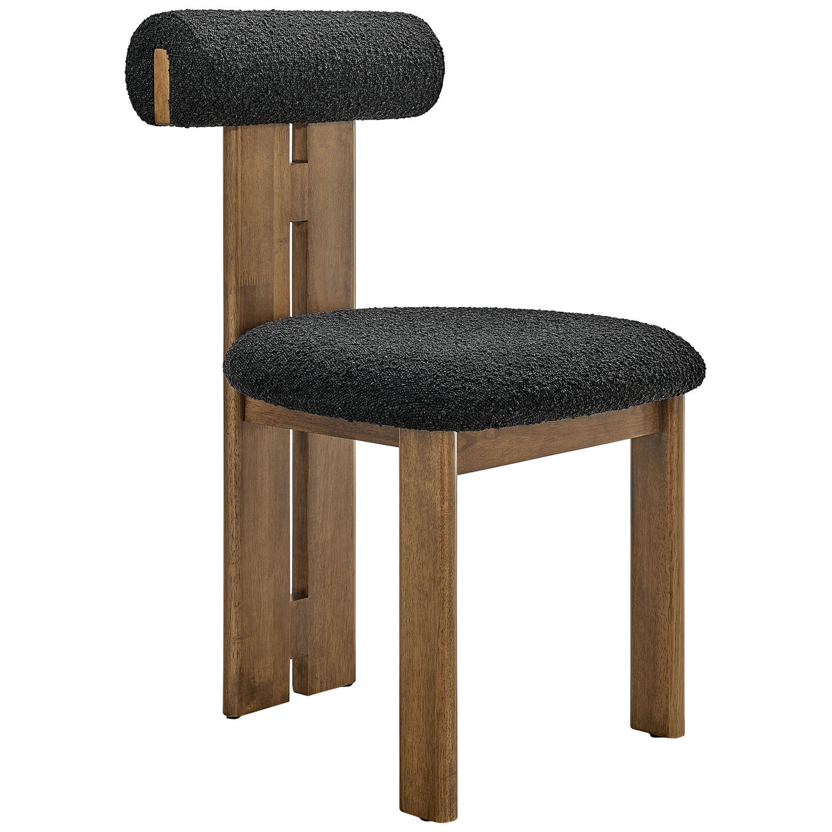 Walnut three leg dining chair with black boucle seat and cushioned roll backrest || EEI-6960-WAL-BLK || front_angle_studio