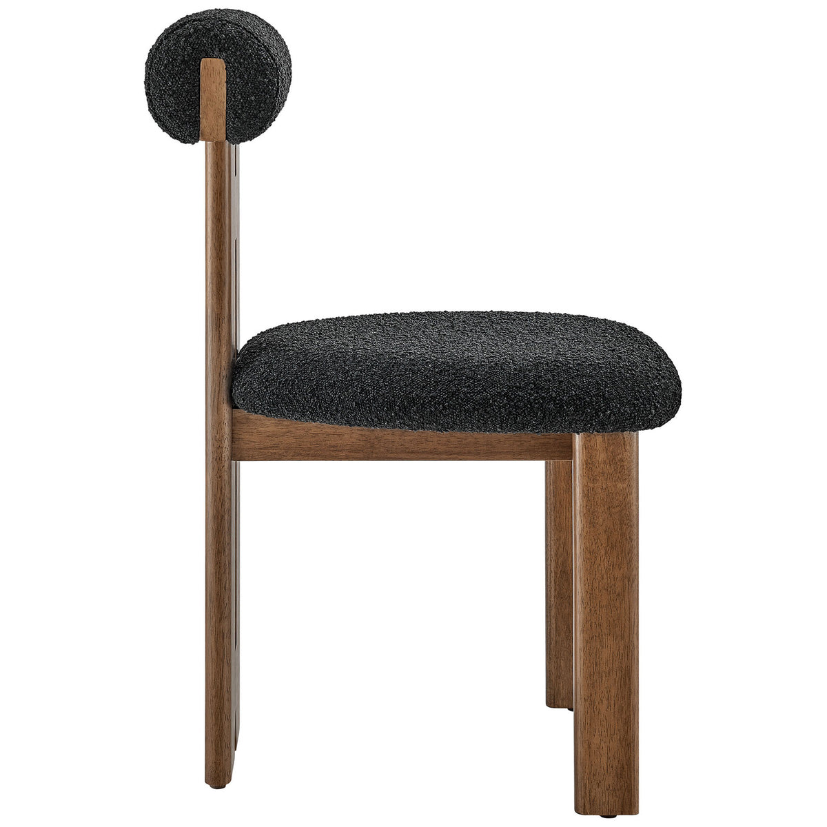 Sculptural three leg dining chair in walnut with textured black boucle upholstery || EEI-6960-WAL-BLK || side_studio