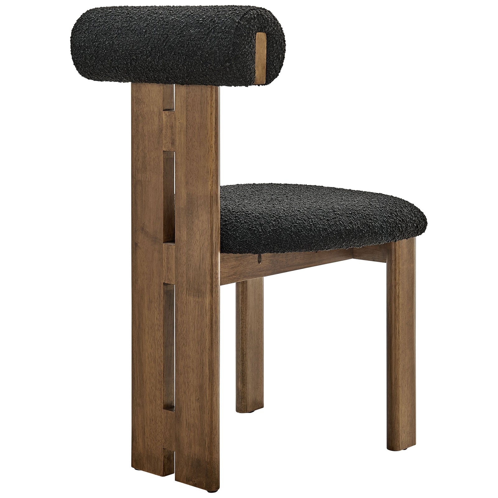 Dining chair with double beamed center leg and rich walnut wood grain detailing || EEI-6960-WAL-BLK || back_angle_studio