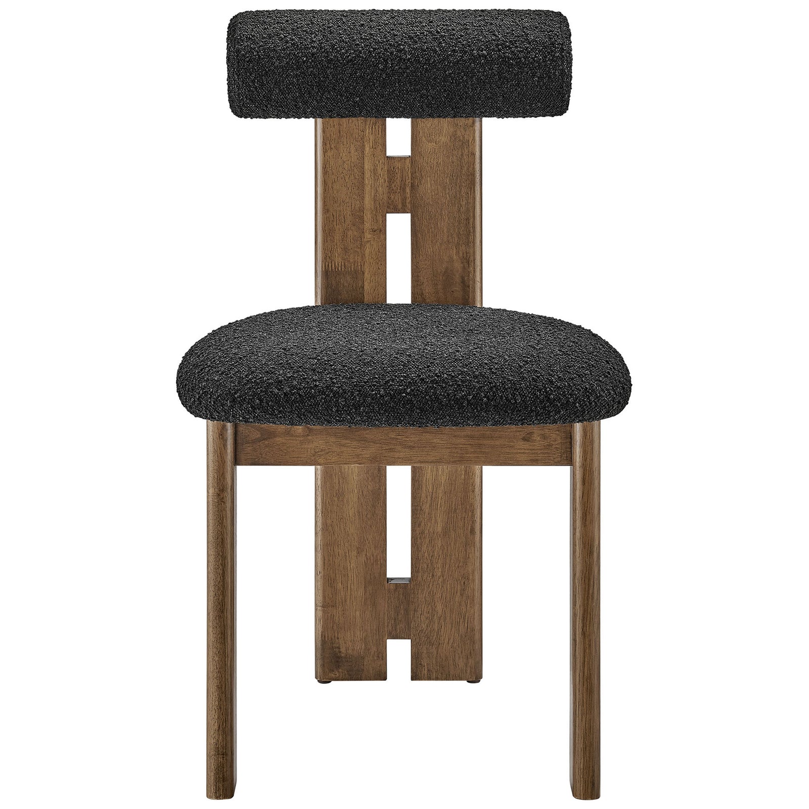 Modern walnut dining chair with rounded black boucle seat and bolster style back || EEI-6960-WAL-BLK || front_studio