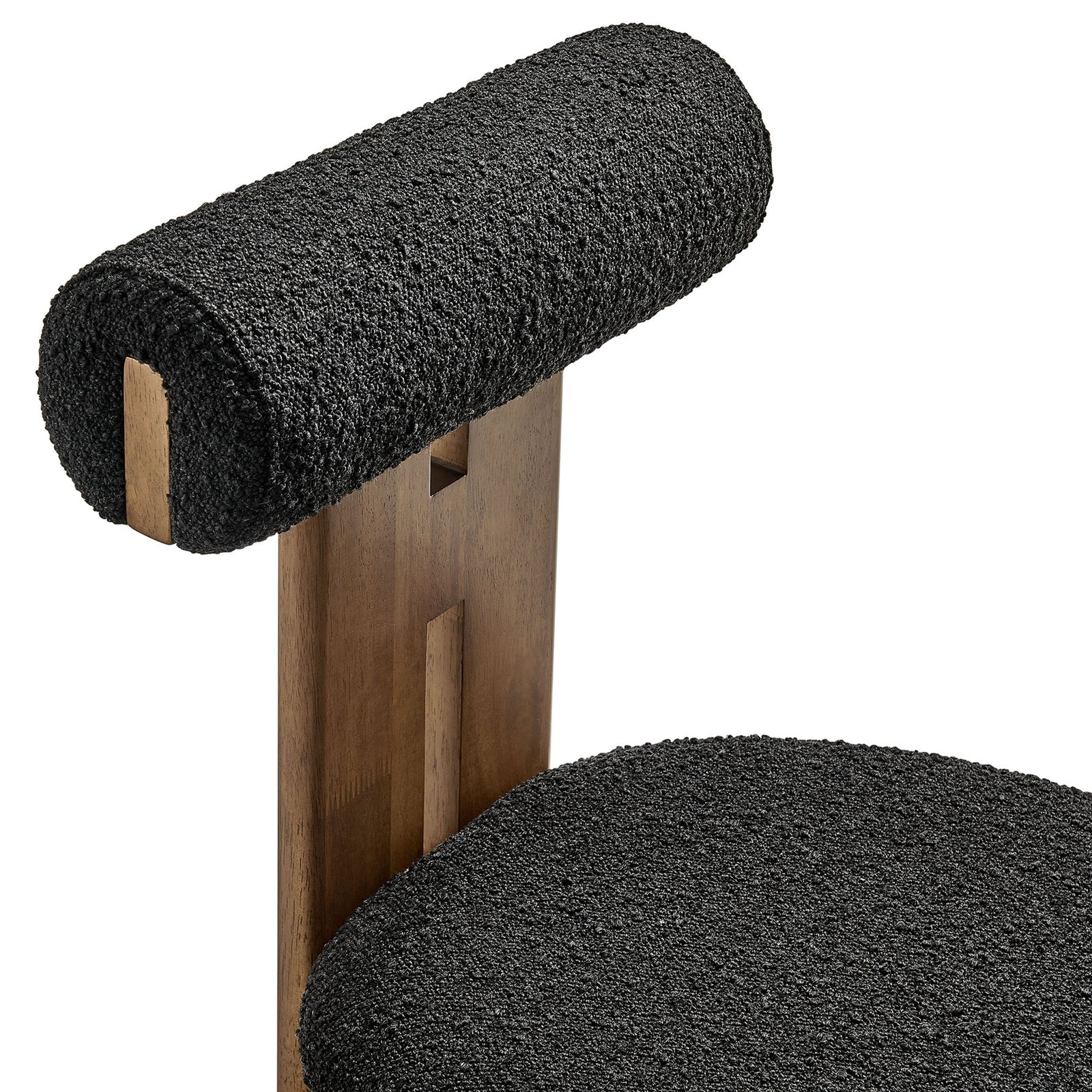 Plush black boucle roll backrest and generously padded seat cushion for cozy support || EEI-6960-WAL-BLK || detail_studio