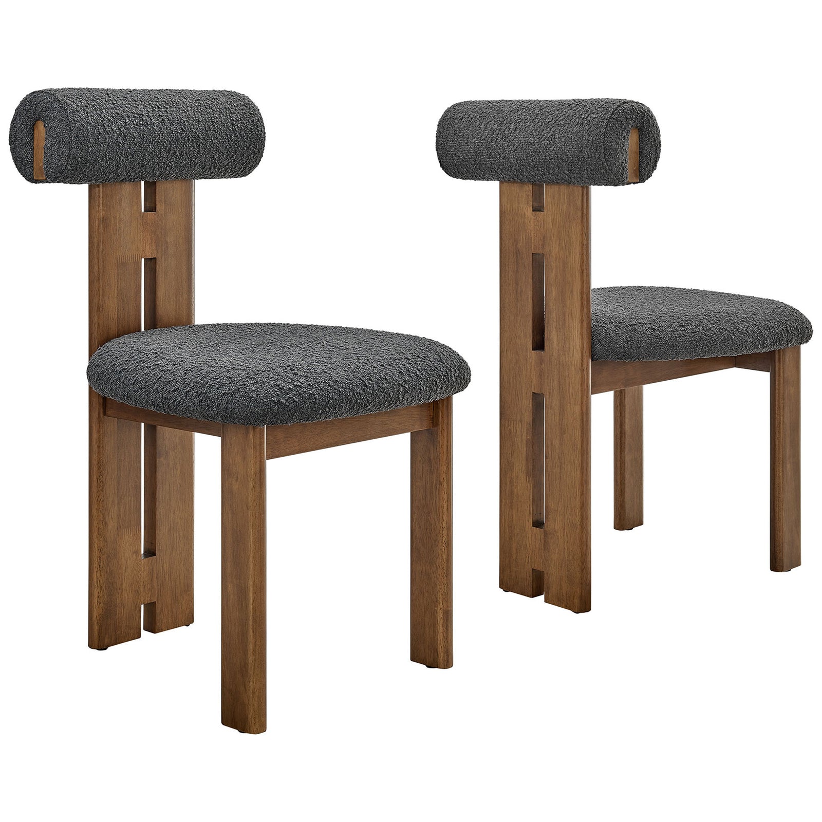 Pair of Torian boucle dining chairs showcasing sculptural three leg design and warm walnut finish || EEI-6960-WAL-CHA || front_angle_multi_studio